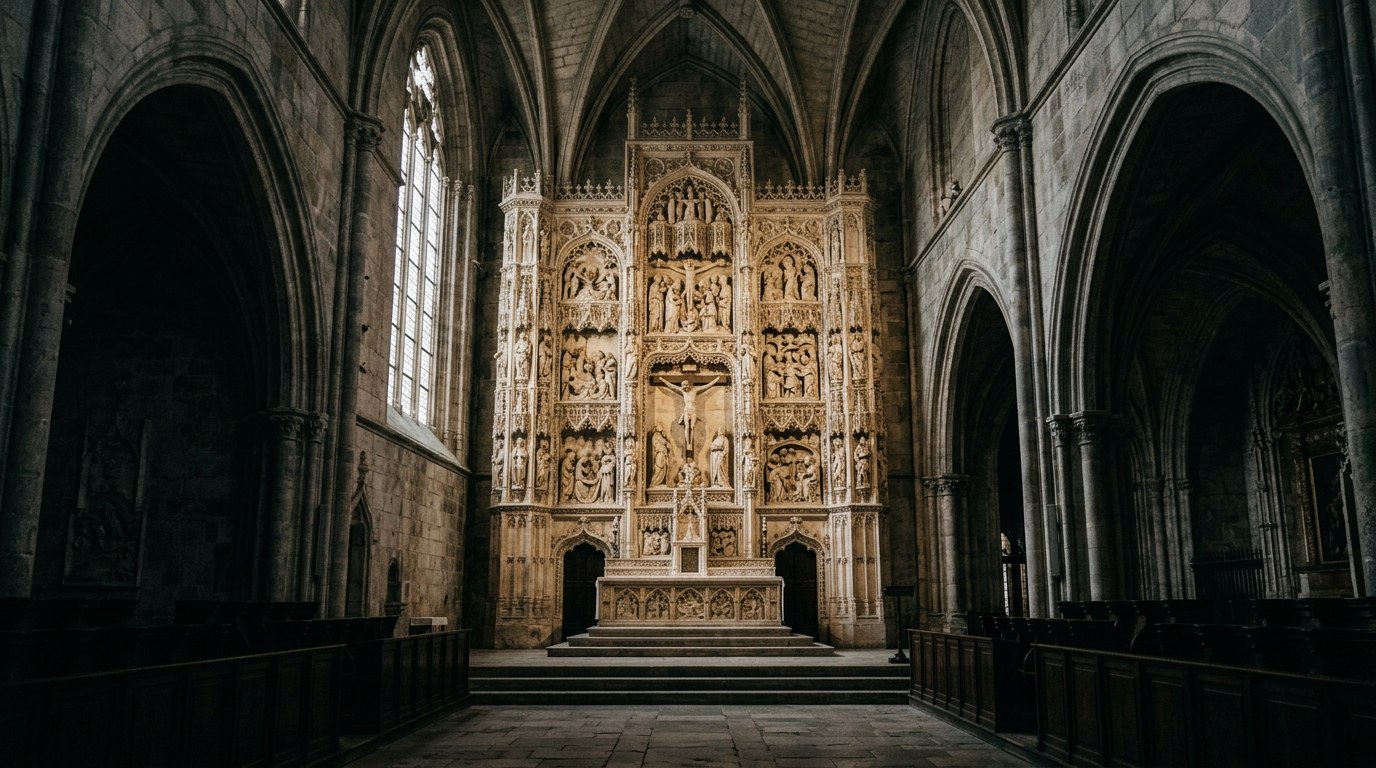 Retable en pierre blanche d'Anca sculpte de scenes de la vie du Christ, atelier de Joao de Ruao, interieur gothique de la cathedrale de Guarda