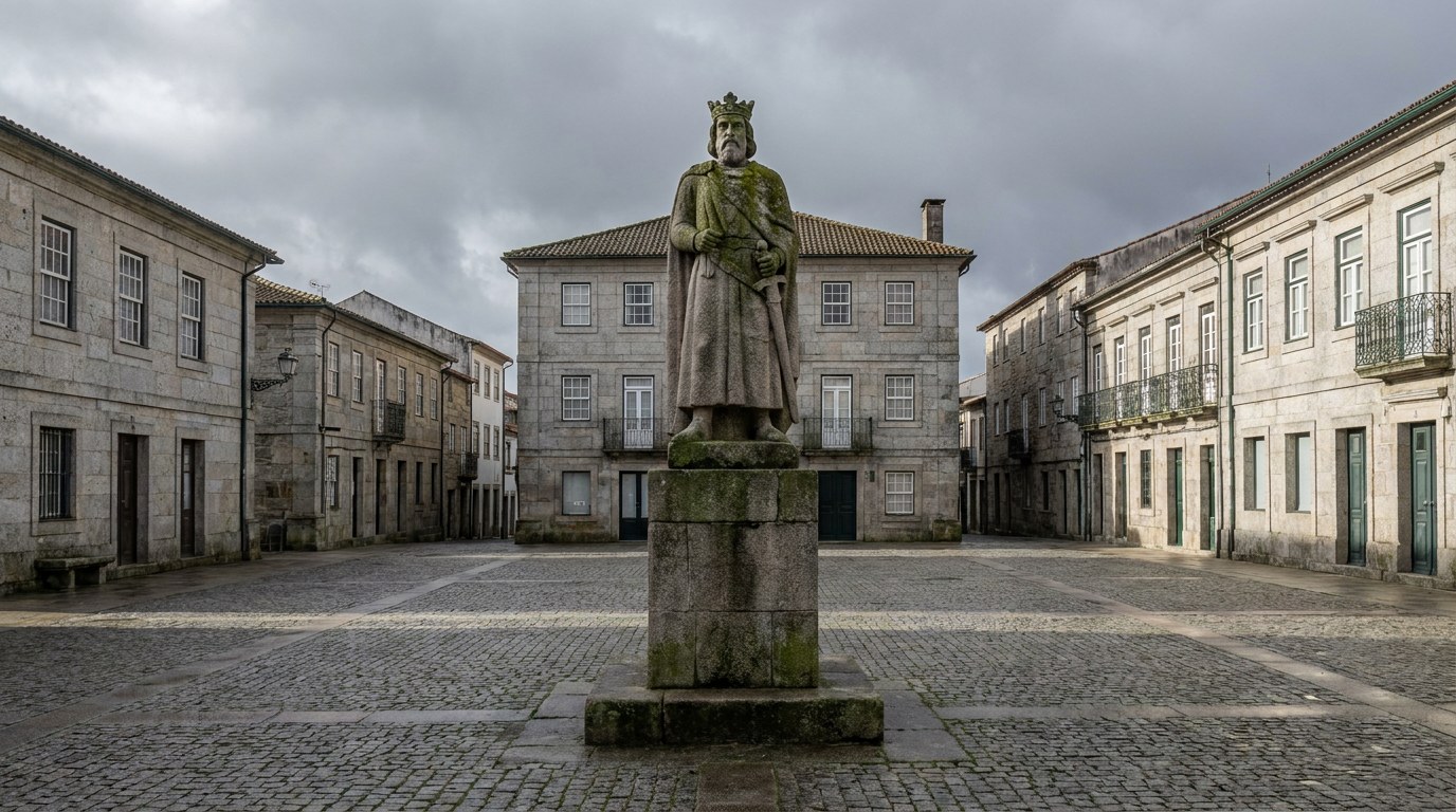 Statue de granit du roi Sancho Ier sur la Praca Luis de Camoes a Guarda, haut plateau, lumiere rase d'hiver