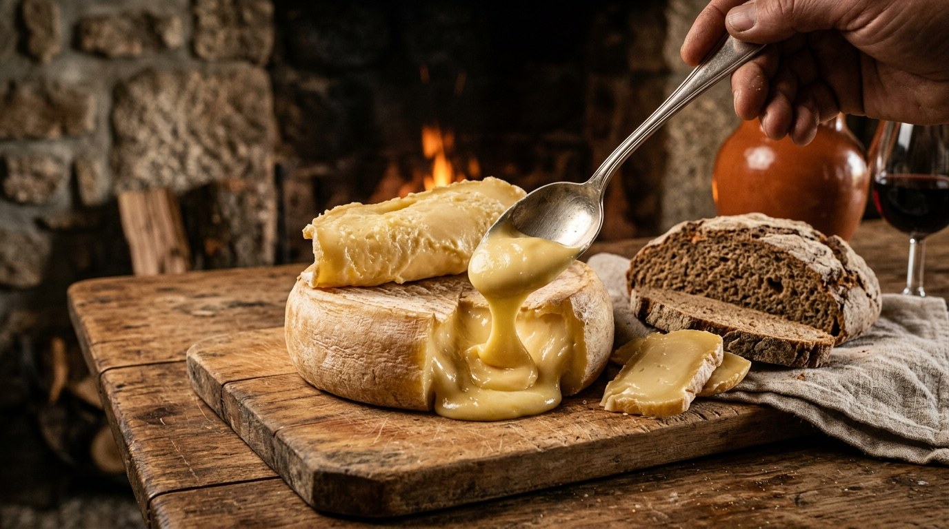 Queijo Serra da Estrela ouvert par le haut, coeur coulant jaune, cuillere, pain de seigle sombre, table de tasca en bois