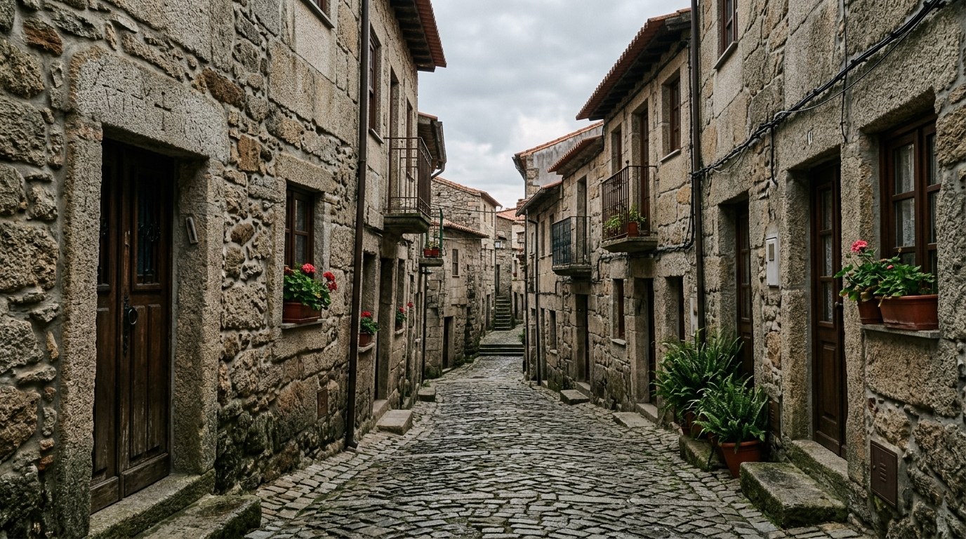 Ruelle etroite de l'ancienne judiaria de Guarda, maisons de granit, linteaux graves de marques anciennes