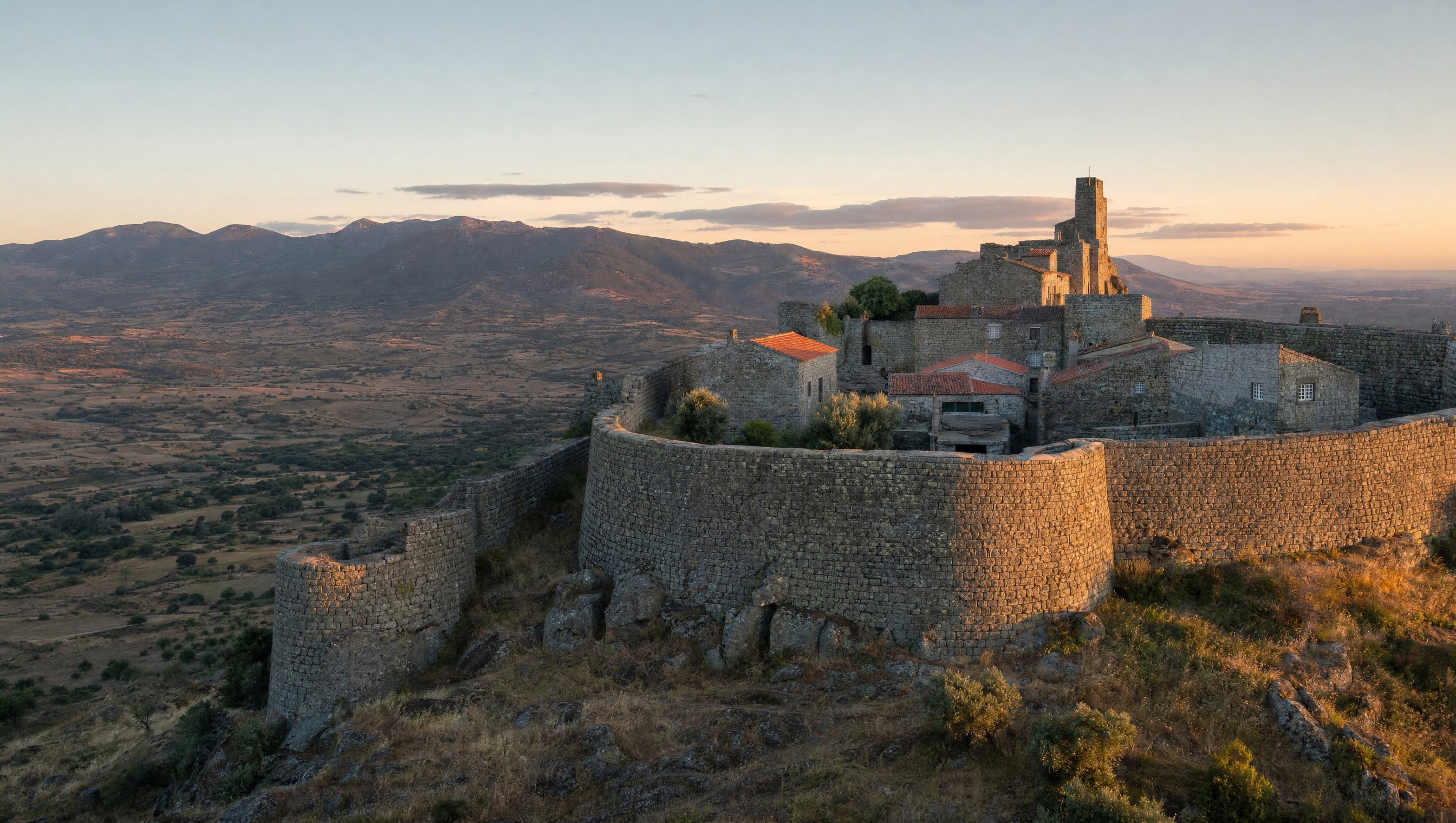Le village fortifié de Castelo Rodrigo et ses remparts de granit au coucher du soleil, dominant la vallée du Côa