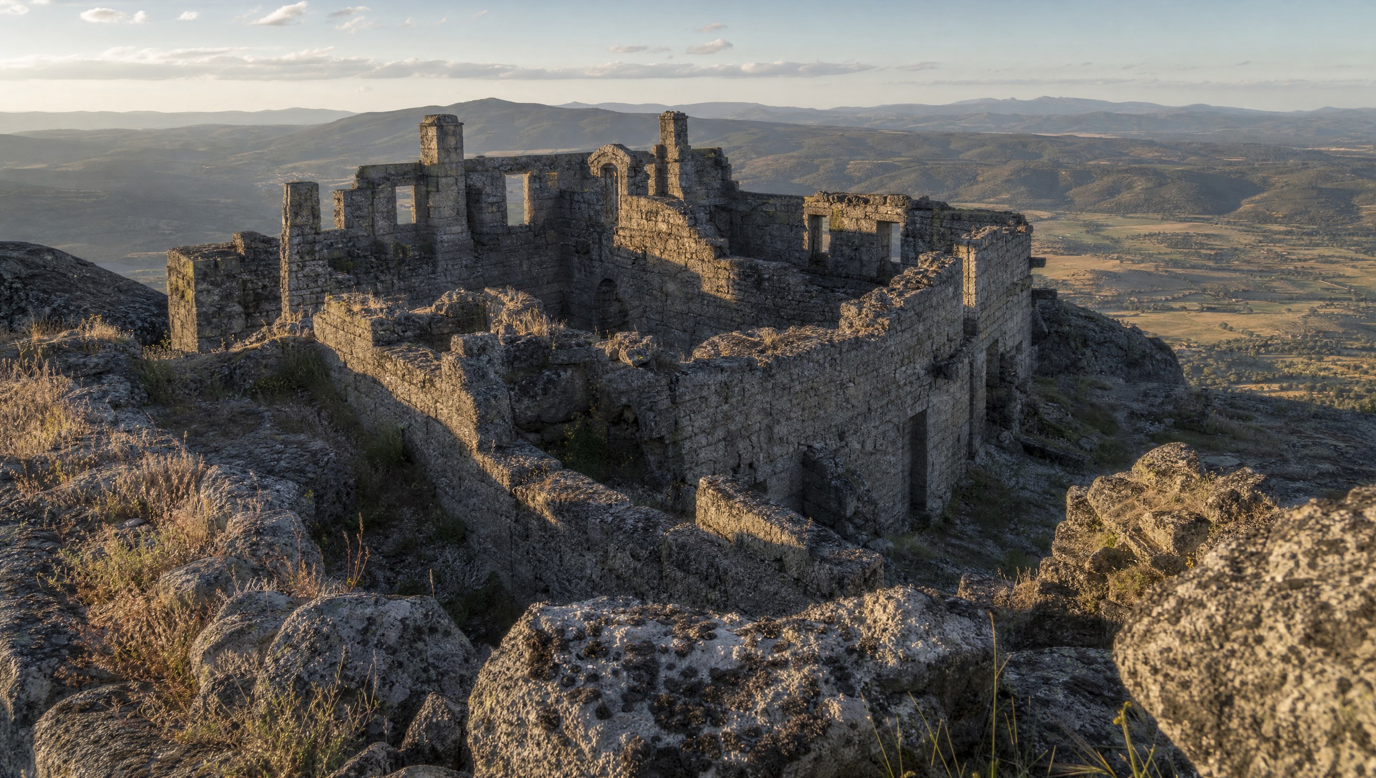 Les ruines calcinées du palais de Cristóvão de Moura au sommet de Castelo Rodrigo, murs de granit noirci ouverts sur le ciel