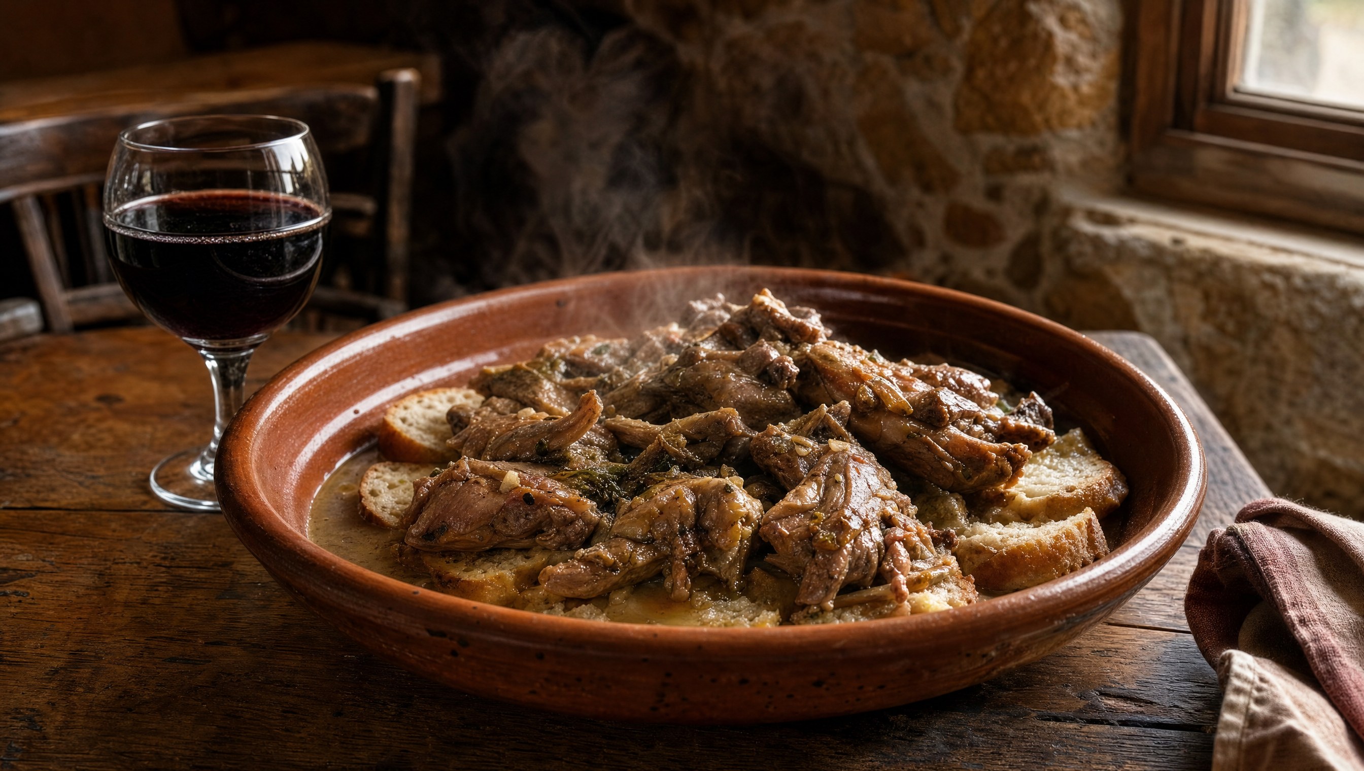 Le borrego da Marofa en ensopado, servi sur du pain de campagne avec un verre de rouge de la Beira Interior