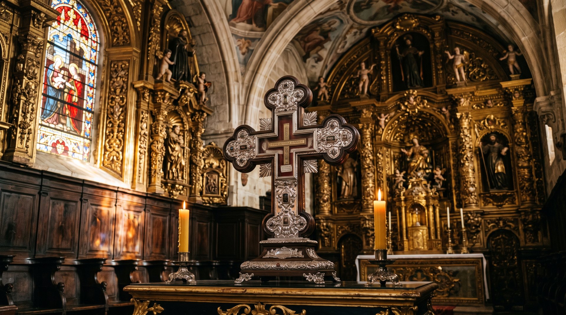 Reliquaire en forme de croix contenant le Lignum Crucis dans la chapelle baroque de Santo Toribio de Liébana, bois sombre ancien serti d'argent, lumière tamisée de vitrail