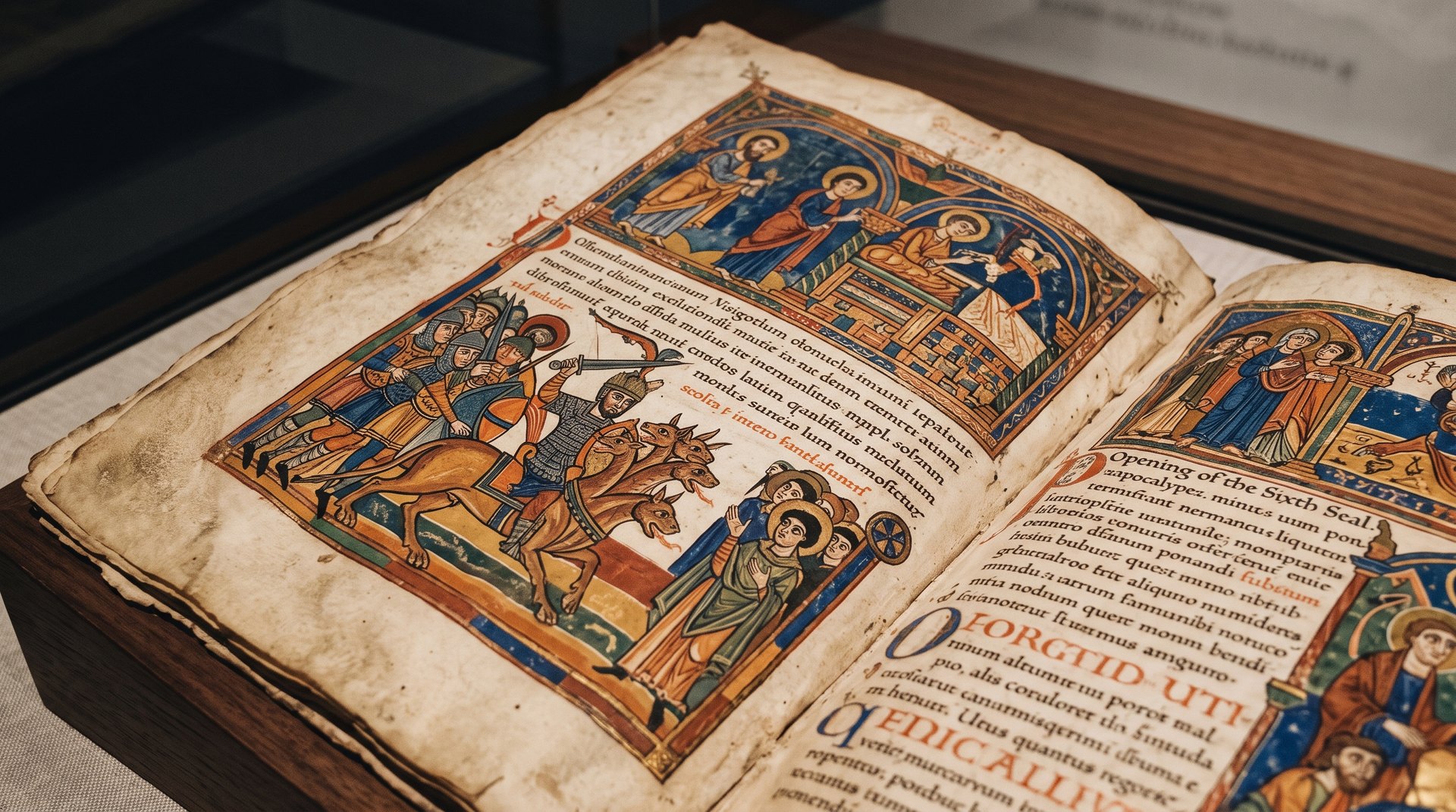 Page enluminée d'un Beatus médiéval, Commentaire sur l'Apocalypse, couleurs vives ocre bleu et rouge, figures stylisées de l'art mozarabe sur parchemin