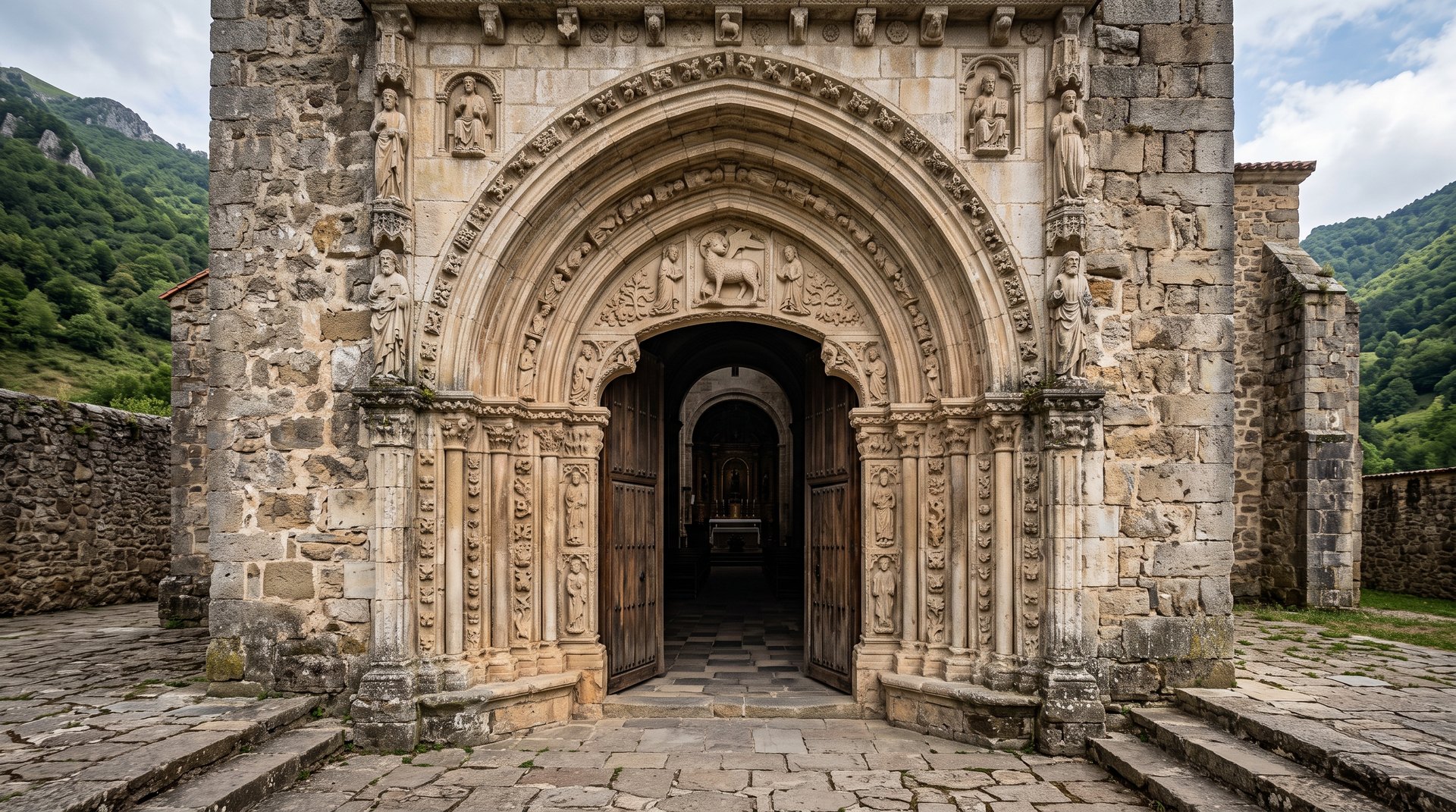 La Puerta del Perdón, porte du Pardon en pierre du monastère de Santo Toribio de Liébana, encadrement gothique sobre, ouverte sur la pénombre de l'église