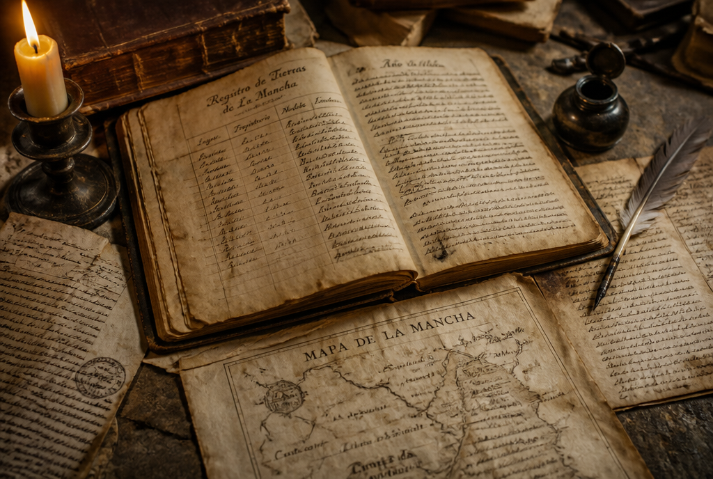 Vieux registres et cartes anciennes de La Mancha ouverts sur une table de pierre, chemins tracés à la plume, ambiance d'archive, lumière chaude