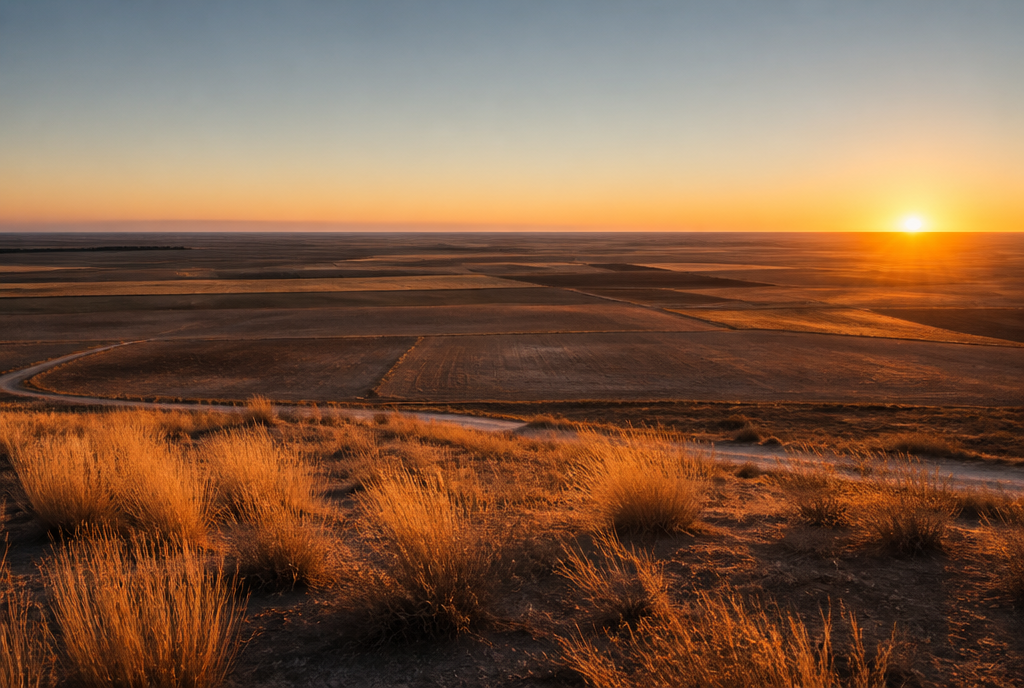 Plaine ocre de La Mancha au petit matin près de Quero, horizon plat et nu, champs pâles à perte de vue, lumière rasante, sans moulins