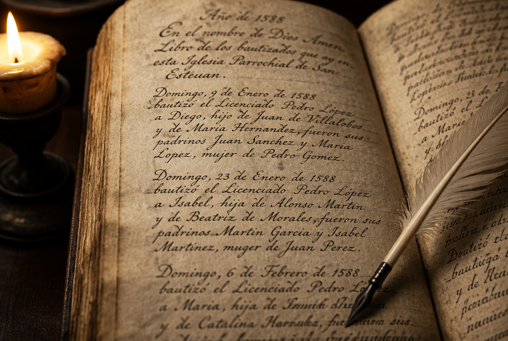 Registre paroissial ouvert du XVIe siècle, noms manuscrits à l'encre sépia, plume et bougie, gros plan intime