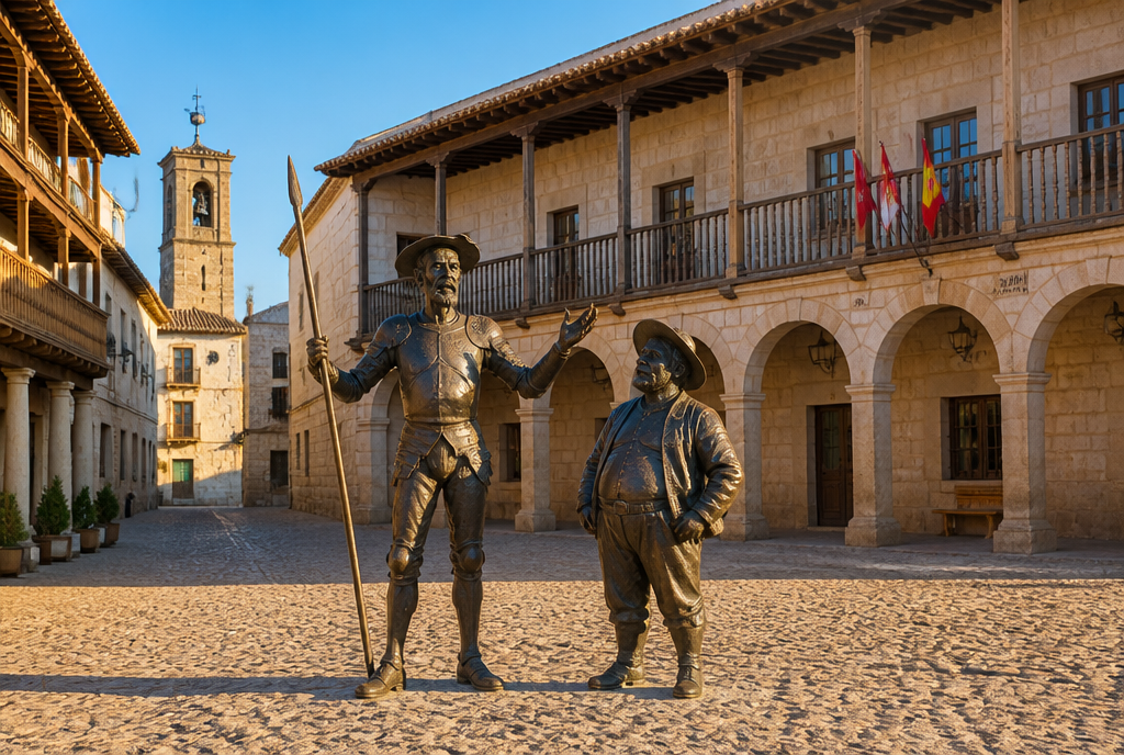 Place d'un village manchego au soleil, arcades de pierre et longs balcons de bois, silhouettes de bronze de Don Quichotte et Sancho au centre
