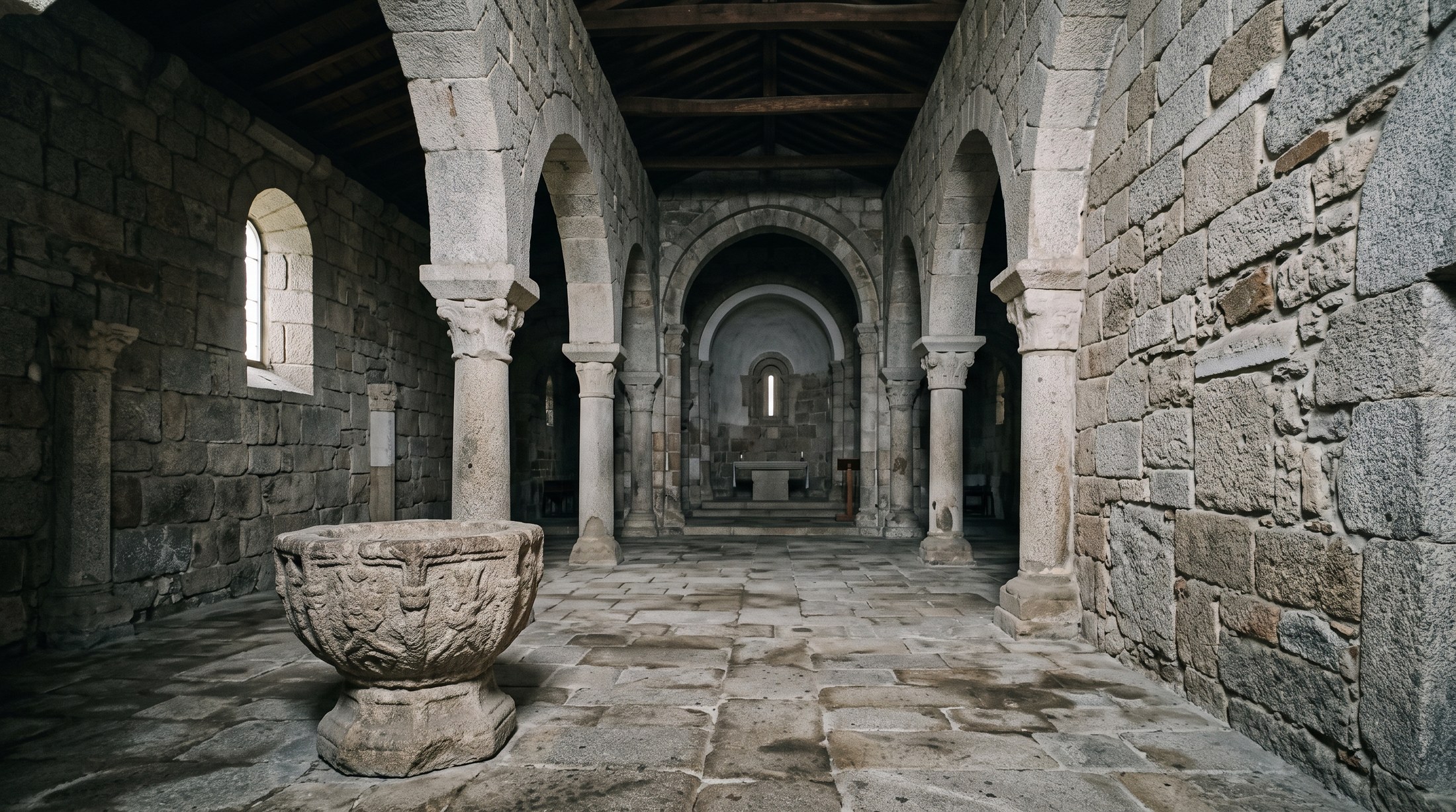 Intérieur de la cathédrale wisigothique d'Idanha-a-Velha, la Sé Catedral, murs de granit remployant des blocs romains, un ancien baptistère de pierre au premier plan, lumière douce filtrant par une ouverture étroite