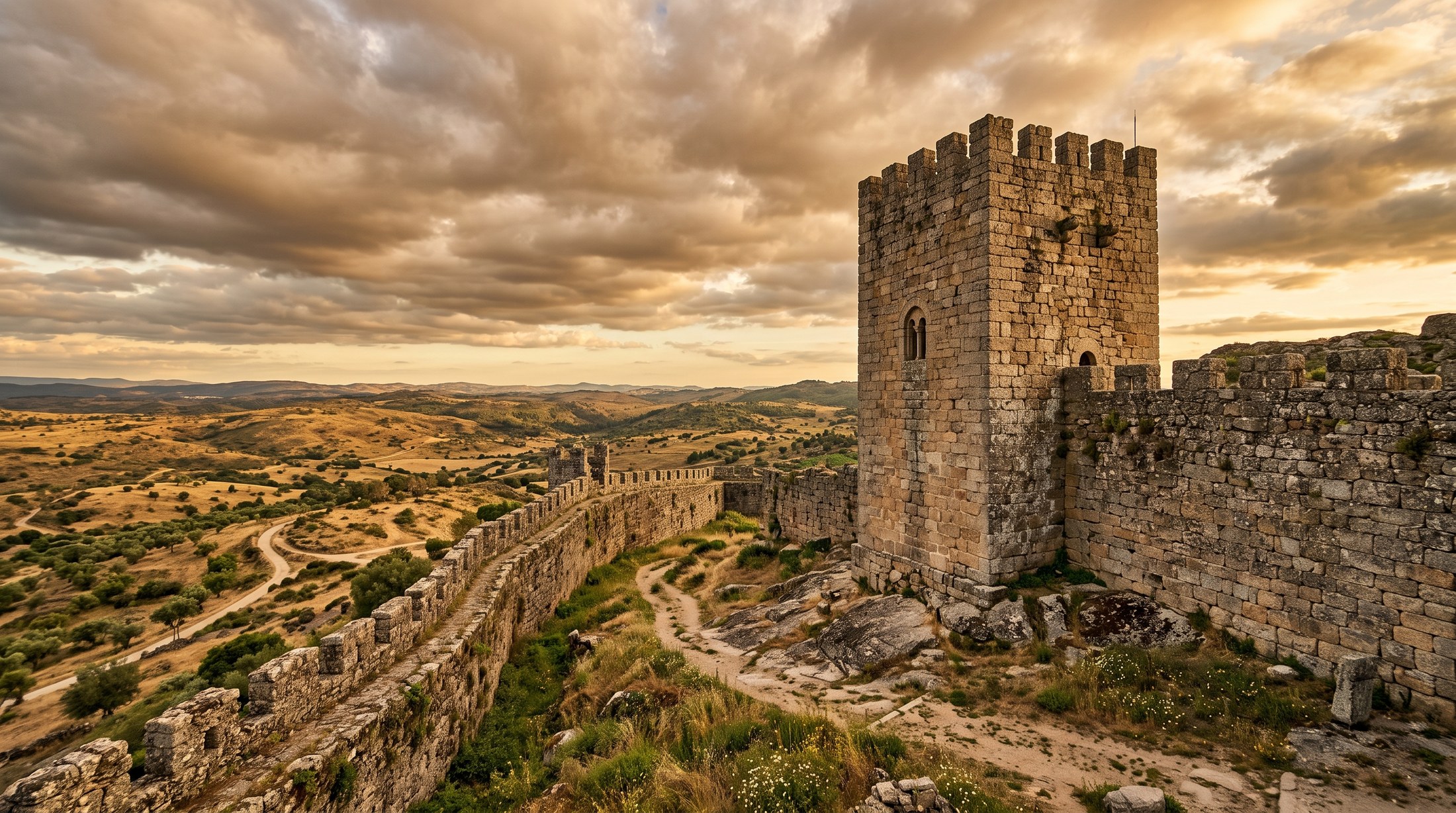 Tour templière et pan de muraille médiévale de granit à Idanha-a-Velha, la croix de l'Ordre du Temple évoquée dans la pierre, ciel dramatique de fin d'après-midi sur la campagne de la Beira