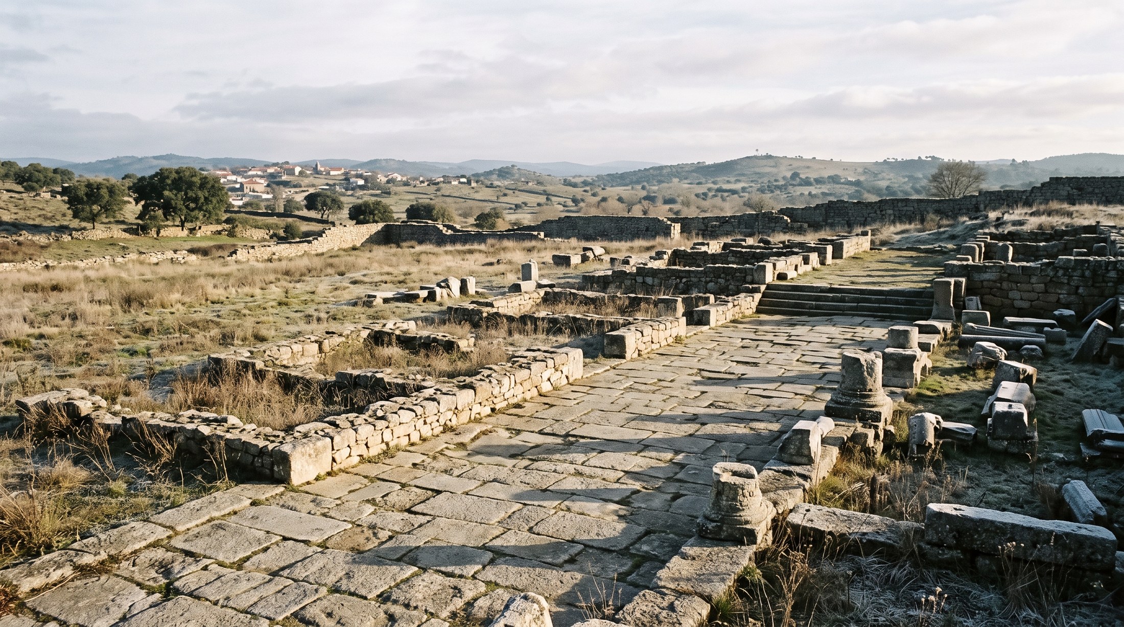 Les vestiges du forum romain d'Idanha-a-Velha, grandes dalles de granit affleurant dans un champ d'herbes sèches, murailles basses au fond, lumière rasante d'un matin d'hiver dans la Beira portugaise