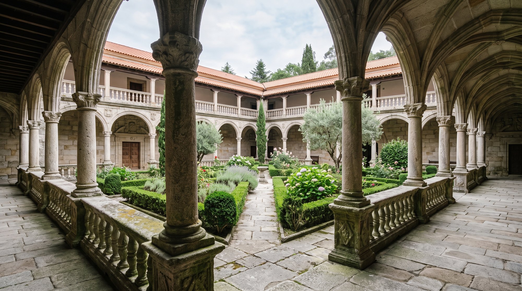 Cloître Renaissance des Processions du monastère de San Xoán de Poio, arcades de granit du XVIe siècle, jardin central, lumière tamisée, pierre ancienne couverte de lichen