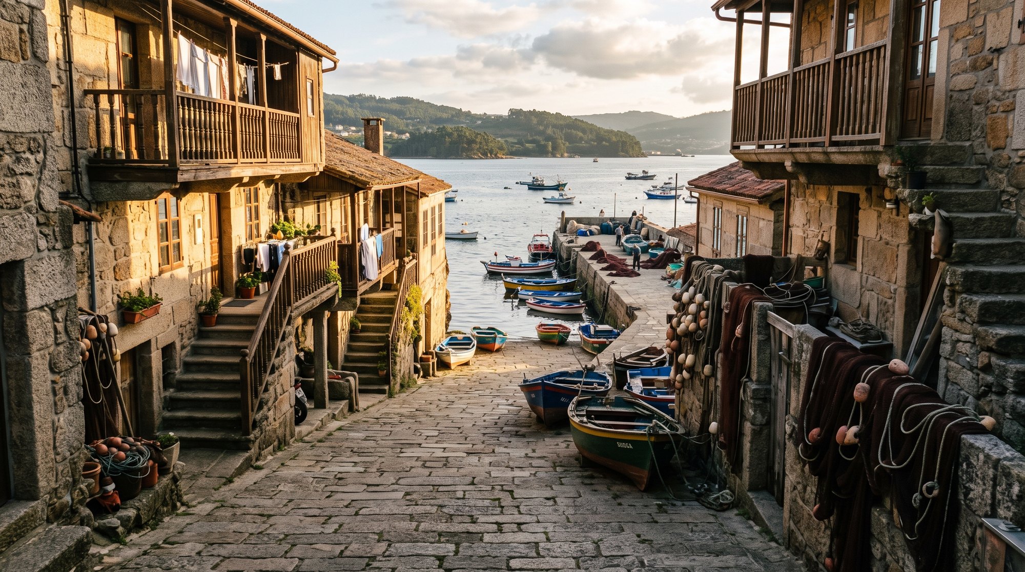 Ruelle de granit de Combarro descendant vers la ría, vieilles maisons marinières aux balcons de bois, barques de pêche, filets, ambiance de port atlantique galicien en fin de journée