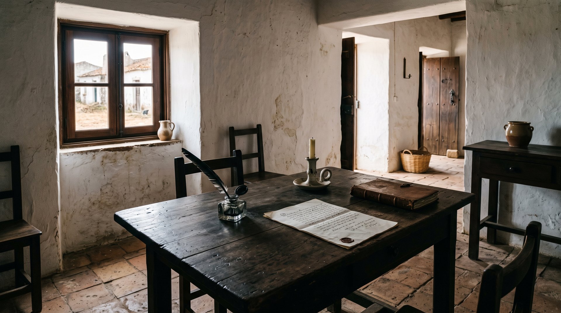 Intérieur sobre d'une maison alentejane du XIXe siècle aux murs blanchis à la chaux, une table de bois sombre avec un encrier et un document ouvert, lumière douce entrant par une petite fenêtre, atmosphère de recueillement historique