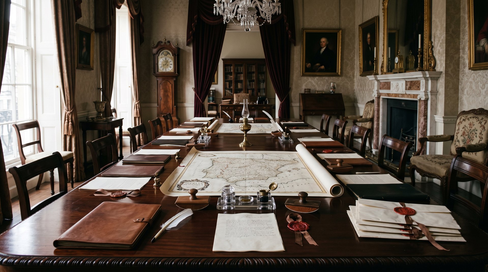 Grande table de conférence diplomatique du XIXe siècle avec documents, plumes et sceaux de cire, cartes de la péninsule Ibérique déroulées, ambiance feutrée d'un salon londonien, sans personnages au premier plan