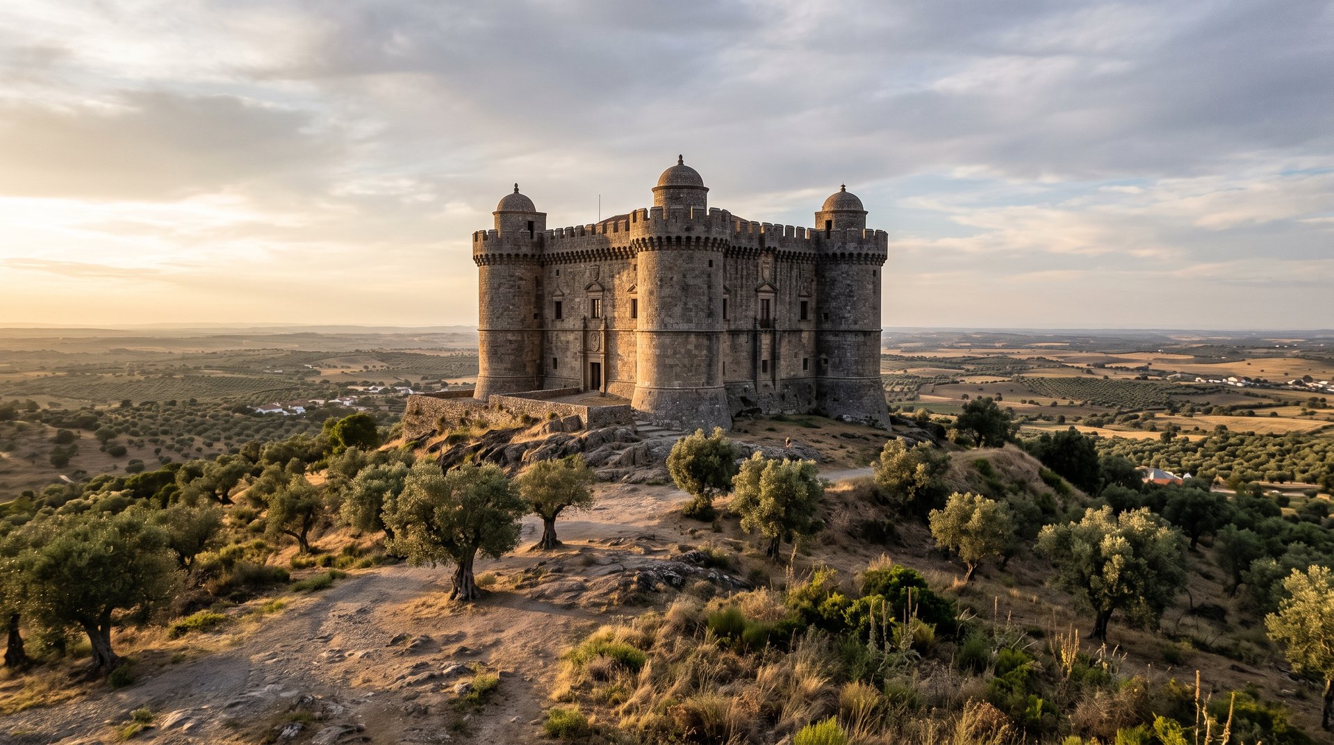 Les quatre tours rondes trapues du château fortifié d'Evoramonte en granit gris posées sur un plan carré, silhouette de forteresse italianisante au sommet d'une colline de l'Alentejo, oliviers et plaine sèche en contrebas, lumière rasante de fin d'après-midi