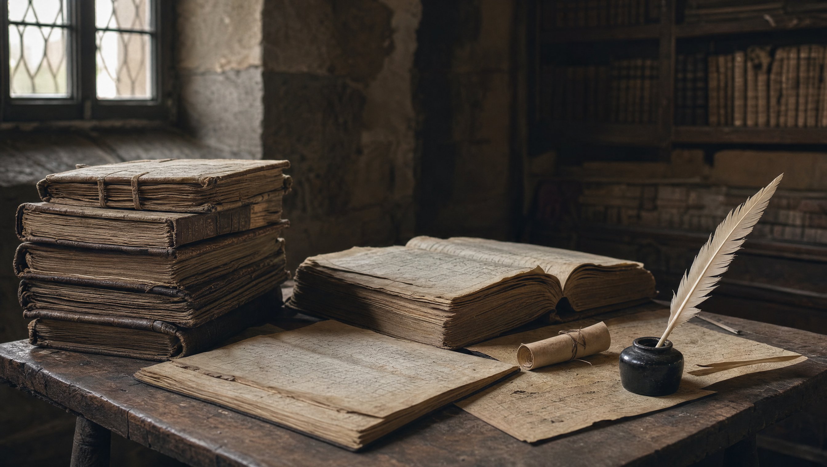 Vieux registres et parchemins d'archives posés sur une table en bois sombre, lumière tamisée d'une salle d'archives ancienne, plume et encrier, ambiance studieuse