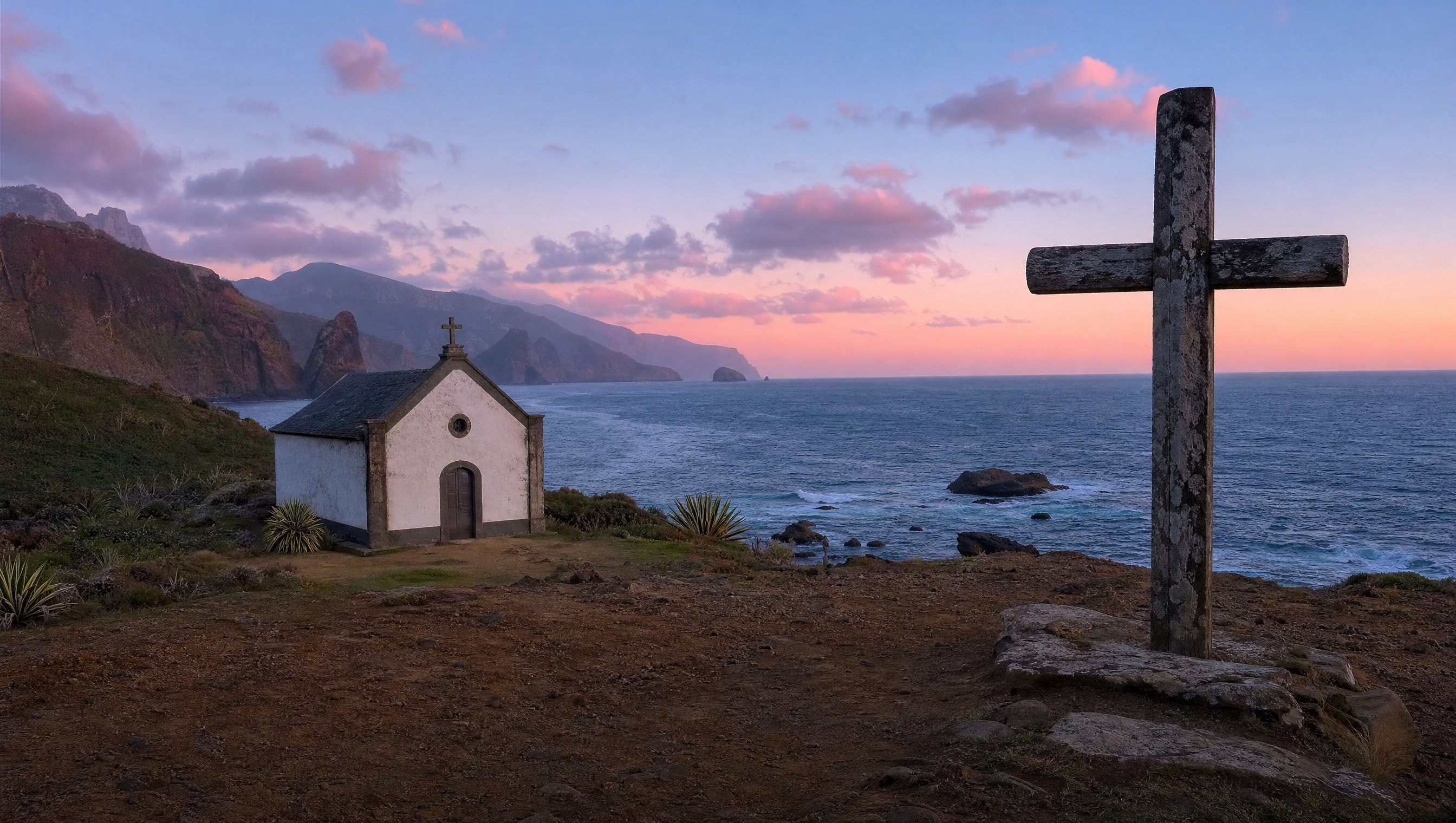Petite chapelle blanche isolée au bord de la mer à Madère au crépuscule, lumière rose et bleue, ambiance mélancolique et romantique, croix de bois ancienne, photographie éditoriale
