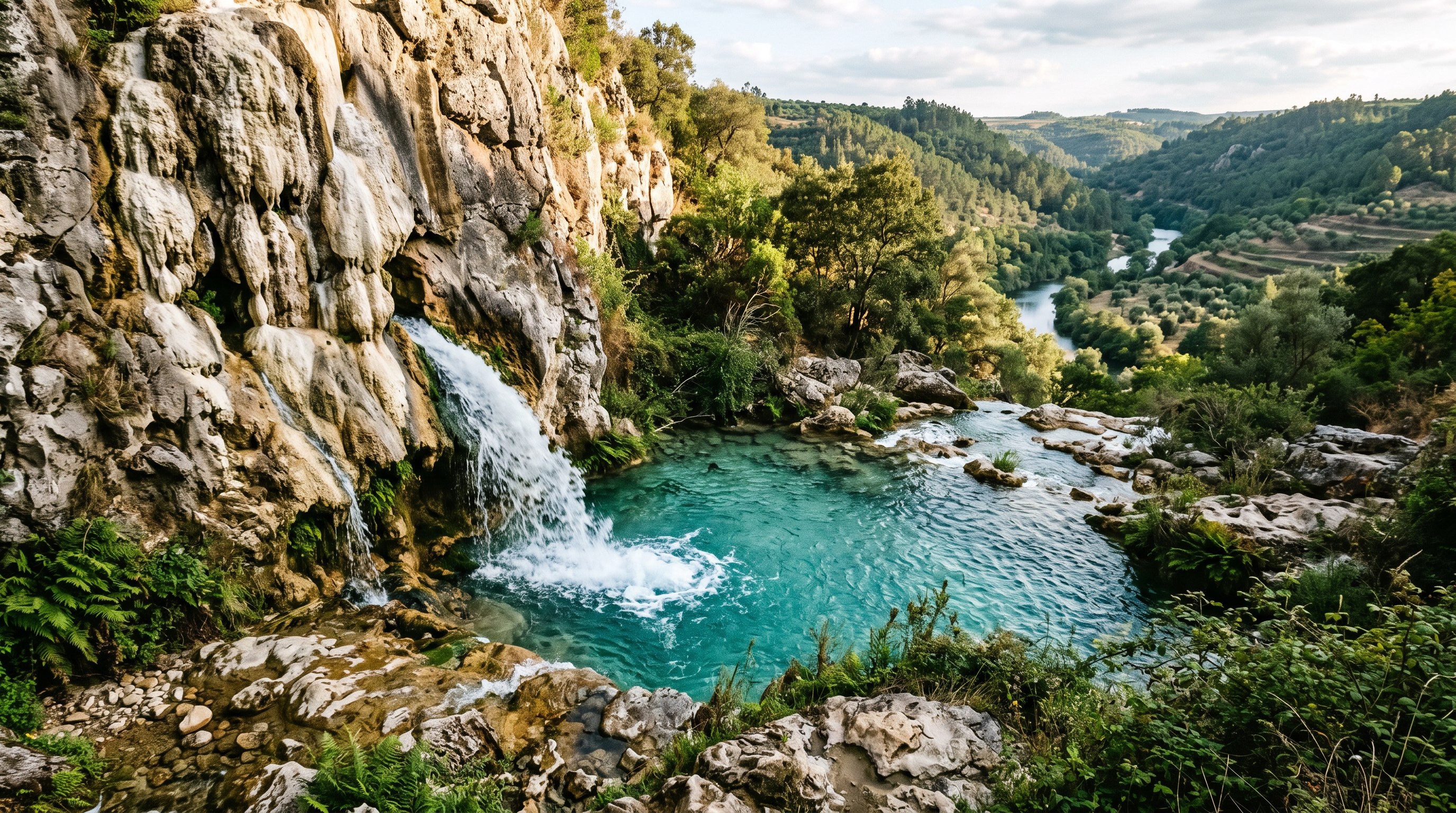 Source d'Agroal jaillissant d'une paroi de roche calcaire dans la vallée du rio Nabão, eau turquoise très claire formant un bassin naturel, dépôts blancs de calcaire sur la pierre, lumière de fin d'été, aucune personne