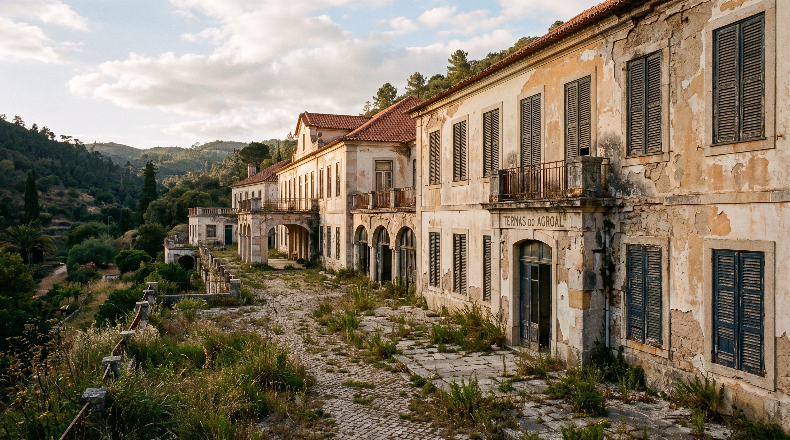 Anciens bâtiments de bains thermaux d'Agroal du début du XXe siècle, façades aux volets clos, crépi qui s'écaille, herbe entre les dalles, atmosphère mélancolique d'abandon récent, lumière de fin d'après-midi, aucune personne