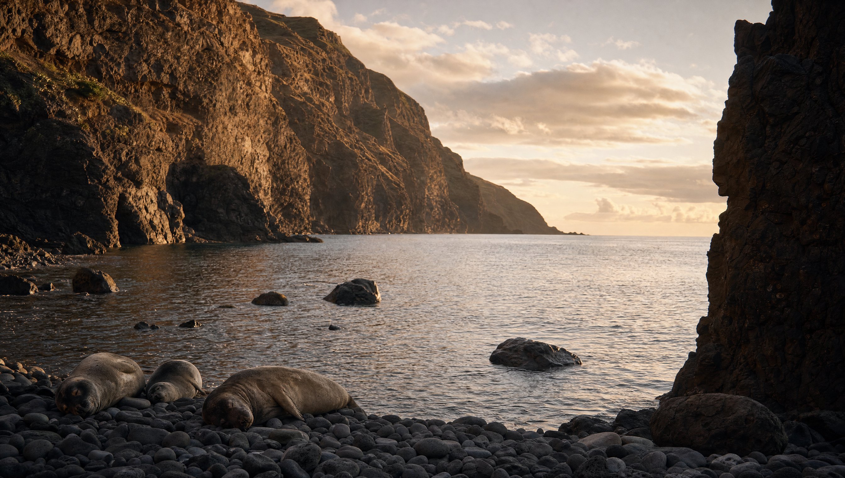 Une petite baie abritée de Madère au XVe siècle, falaises volcaniques sombres plongeant dans l'Atlantique, quelques phoques moines allongés sur des galets noirs, lumière dorée de fin d'après-midi, aucune présence humaine, photographie éditoriale réaliste