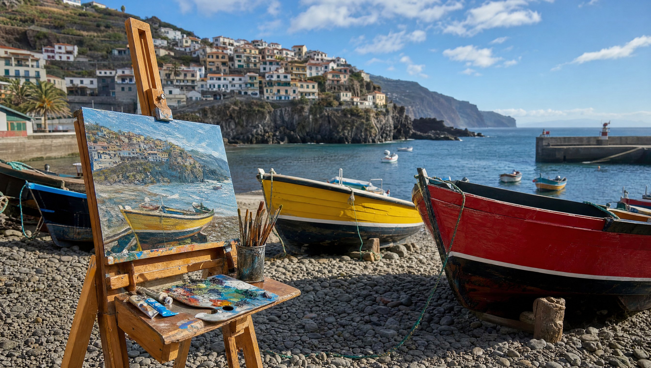 Un chevalet de peintre en bois posé face à une baie de pêcheurs colorée à Madère, palette et pinceaux au premier plan, barques rouges et jaunes tirées sur les galets, lumière claire d'un matin d'hiver, photographie éditoriale réaliste