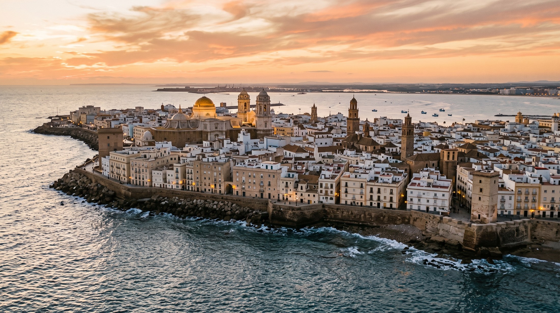 Vue aérienne de la vieille ville de Cadix au coucher du soleil, la cathédrale et ses tours de guet dominant les toits blancs, Andalousie