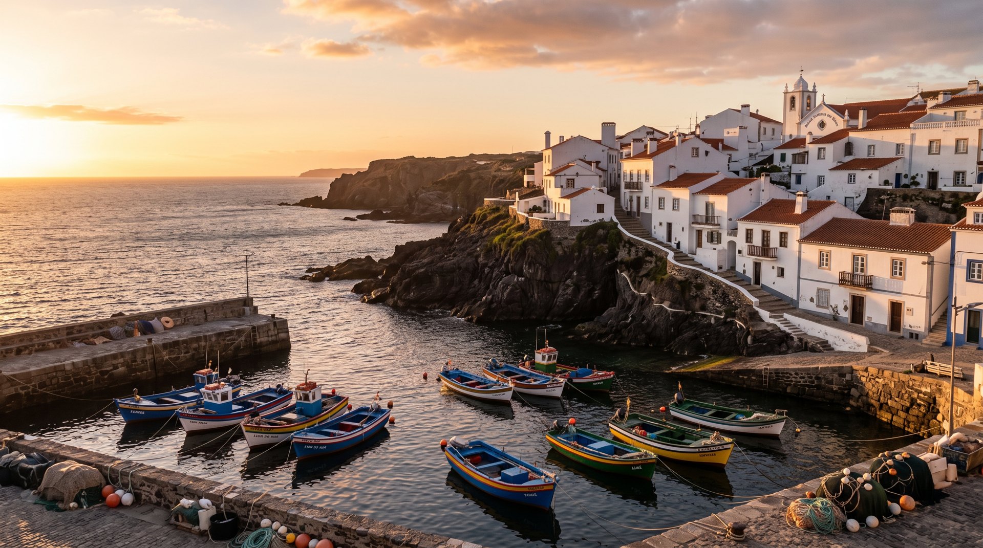 Le petit port de pêche de Sines sur la côte alentejane, maisons blanches, barques colorées, falaise noire et Atlantique dans la lumière dorée du soir