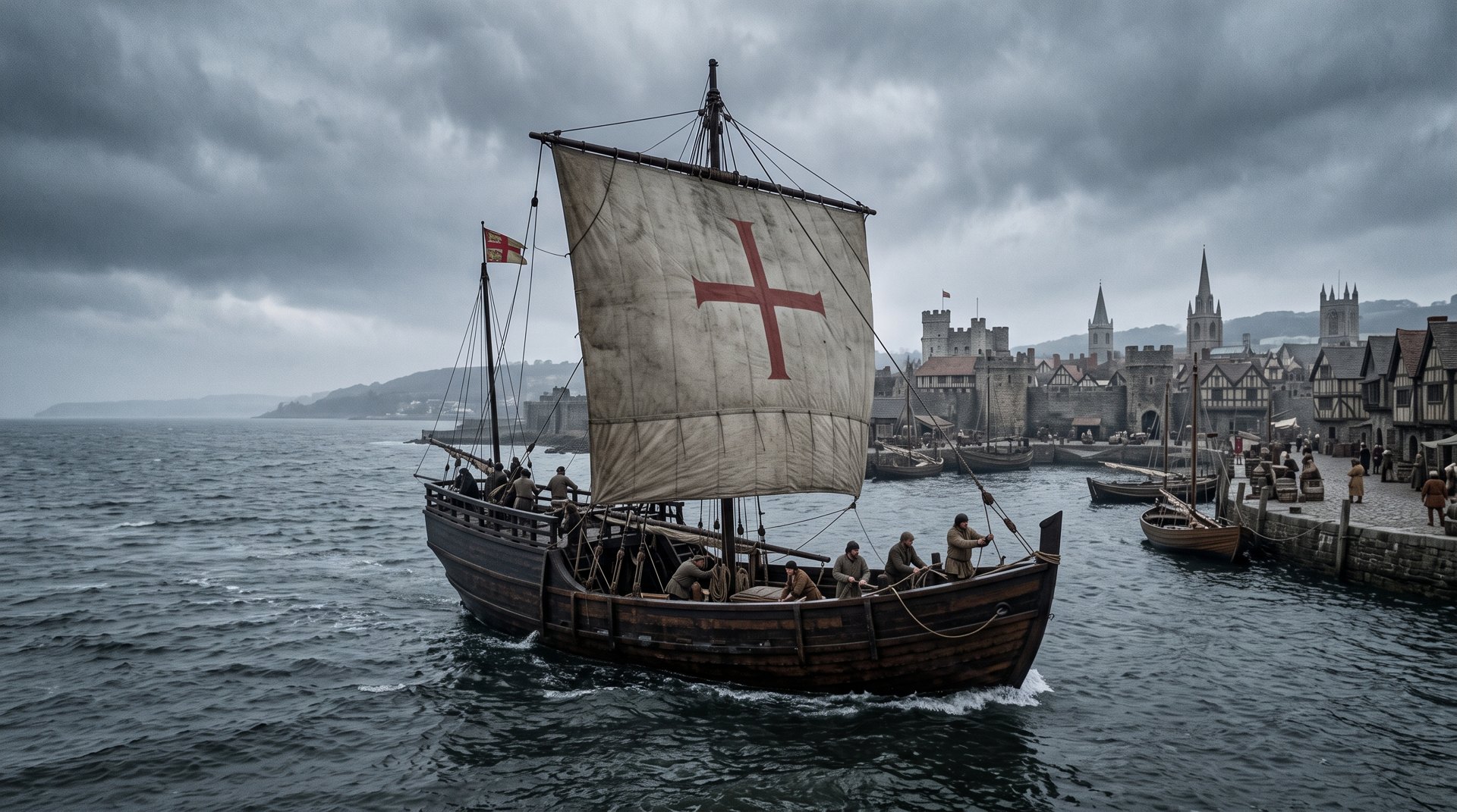 Le Matthew, petit navire anglais du XVe siècle à voile carrée, quittant le port de Bristol vers l'Atlantique nord sous un ciel gris, 1497