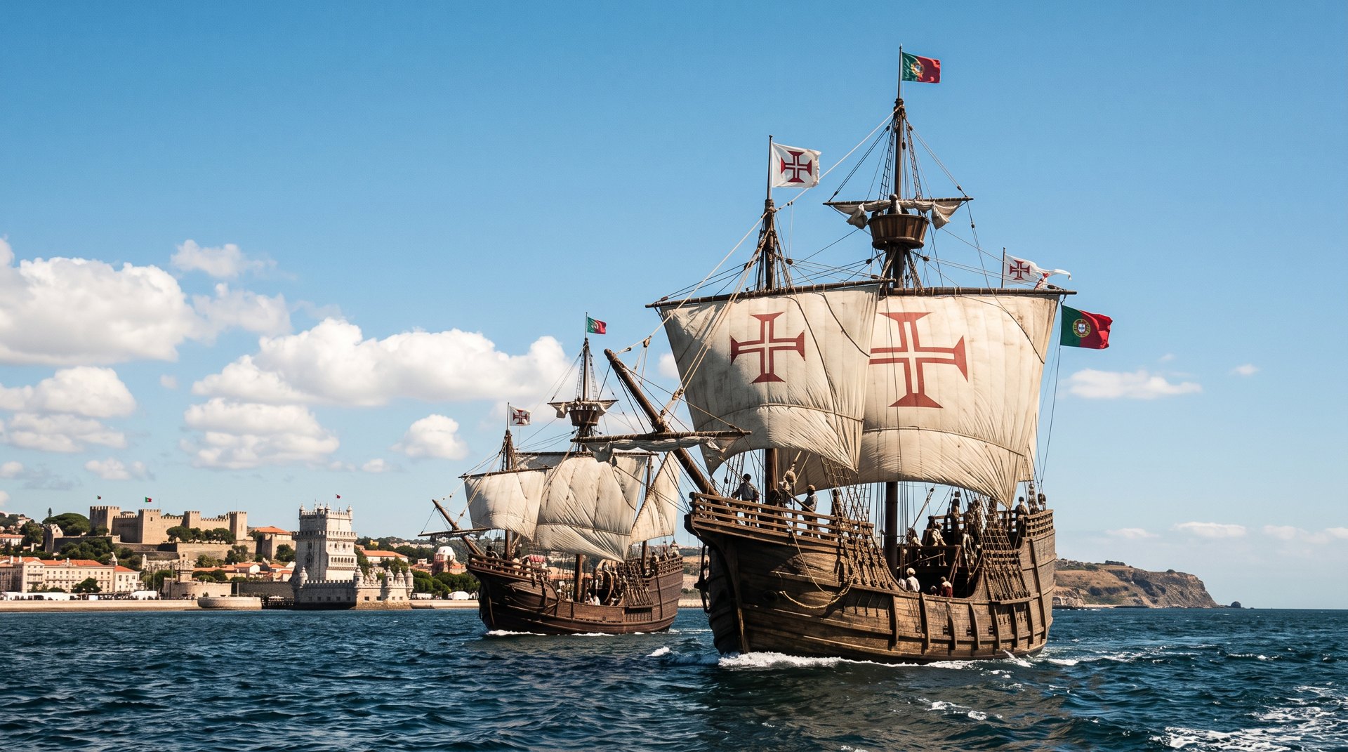 Caravelles et nau portugaises du XVe siècle à voiles carrées quittant l'embouchure du Tage à Lisbonne, mer ouverte, ciel d'été 1497