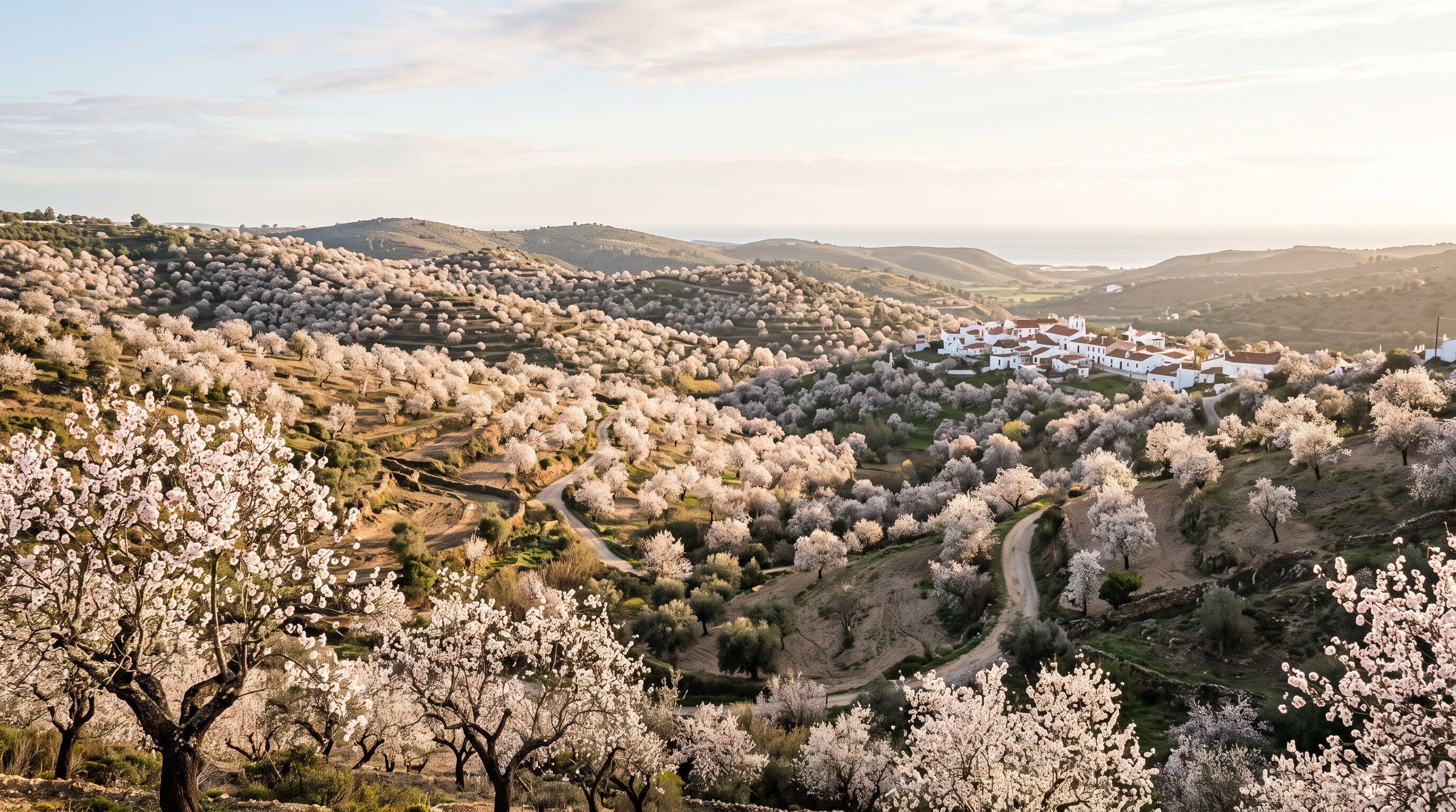 Amandiers en fleur sur les collines de l'Algarve en hiver, illustration de la légende de la princesse du Nord