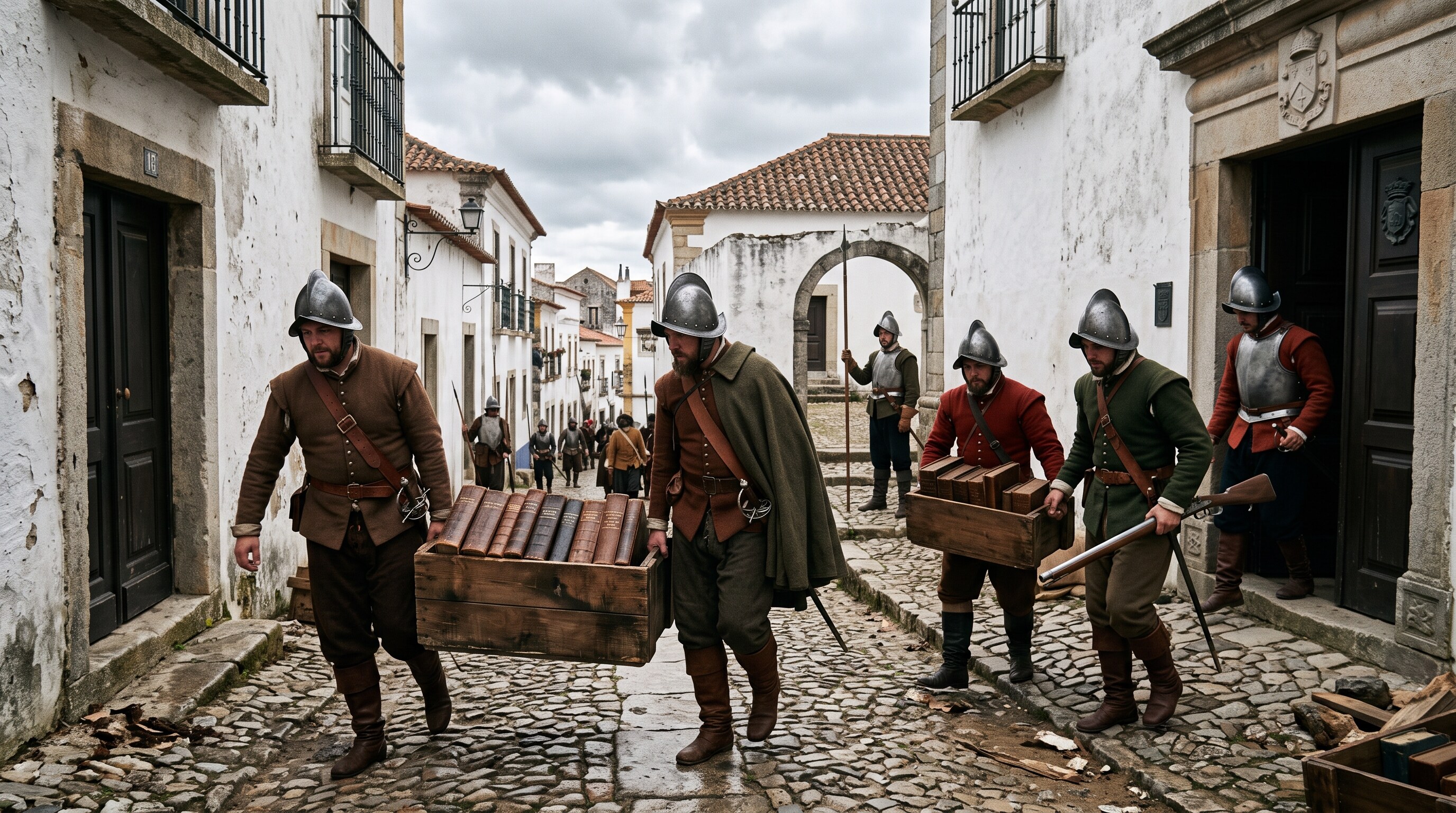 Reconstitution du sac de Faro en 1596 : les soldats du comte d'Essex emportent les livres de la bibliothèque de l'évêque, Vila Adentro de Faro, Algarve