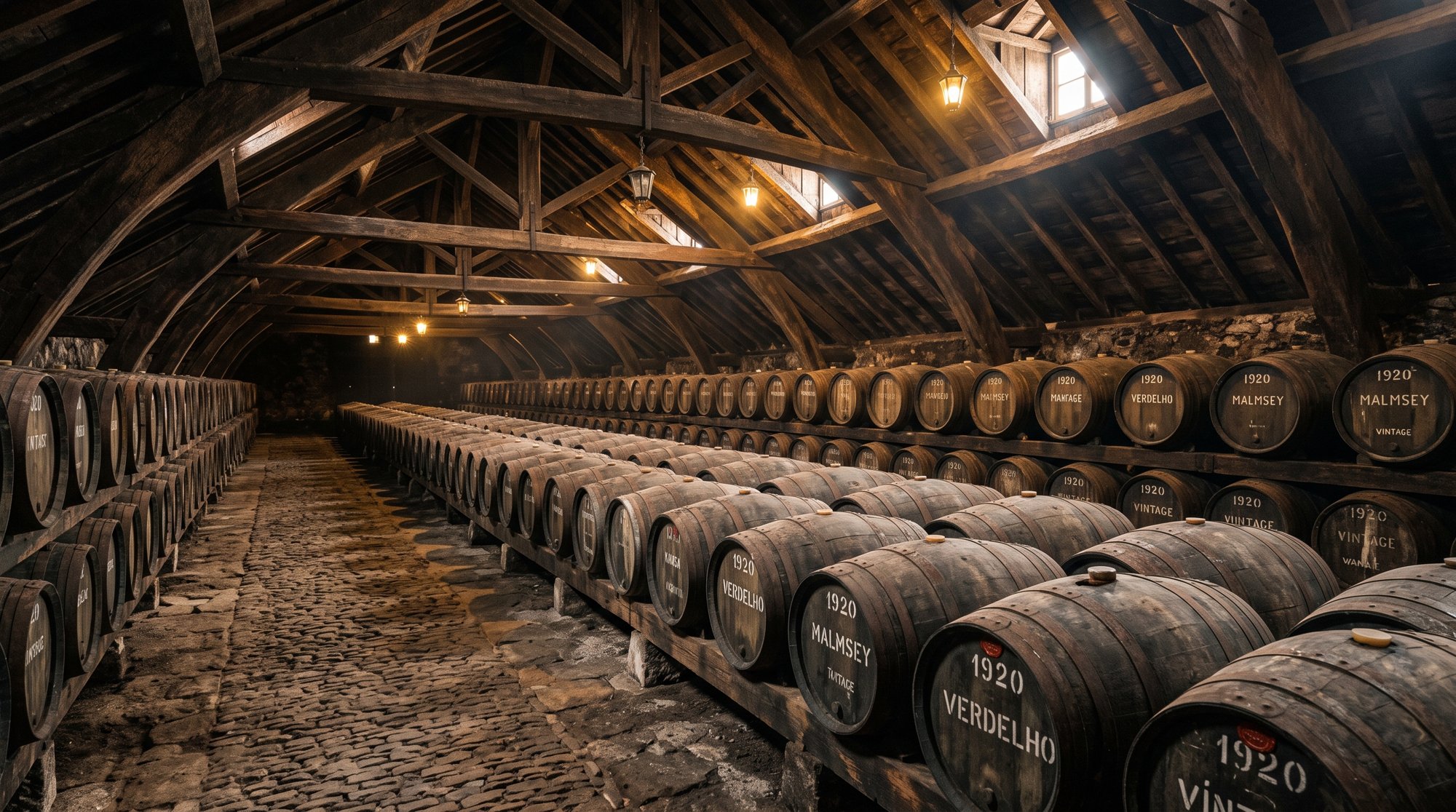 Les caves voûtées en bois sombre des Adegas de São Francisco à Funchal, vieilles barriques de vin de Madère alignées dans la pénombre, lumière chaude filtrant entre les poutres