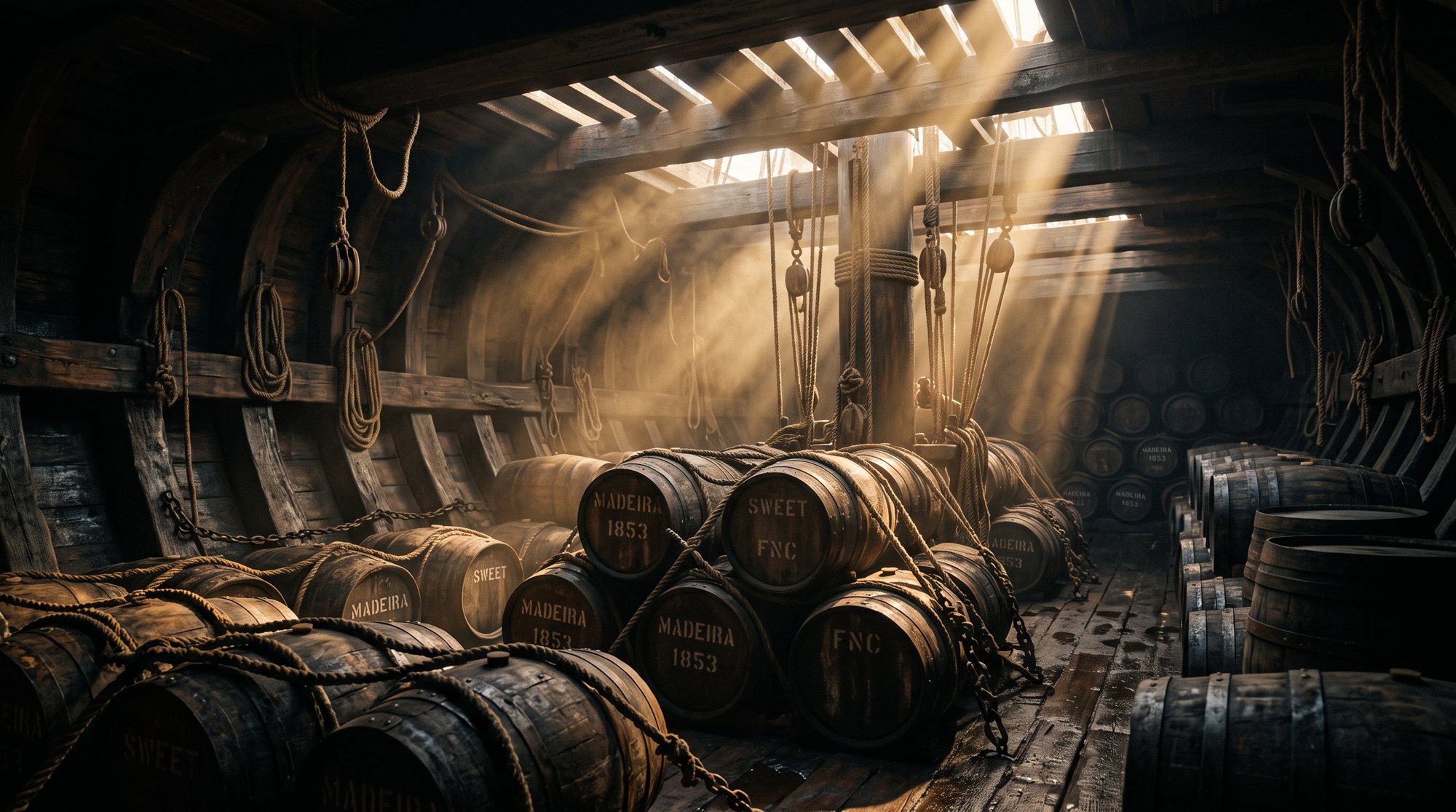 Des barriques de vin de Madère arrimées dans la cale d'un trois-mâts marchand traversant l'équateur, chaleur et houle, scène du XIXe siècle