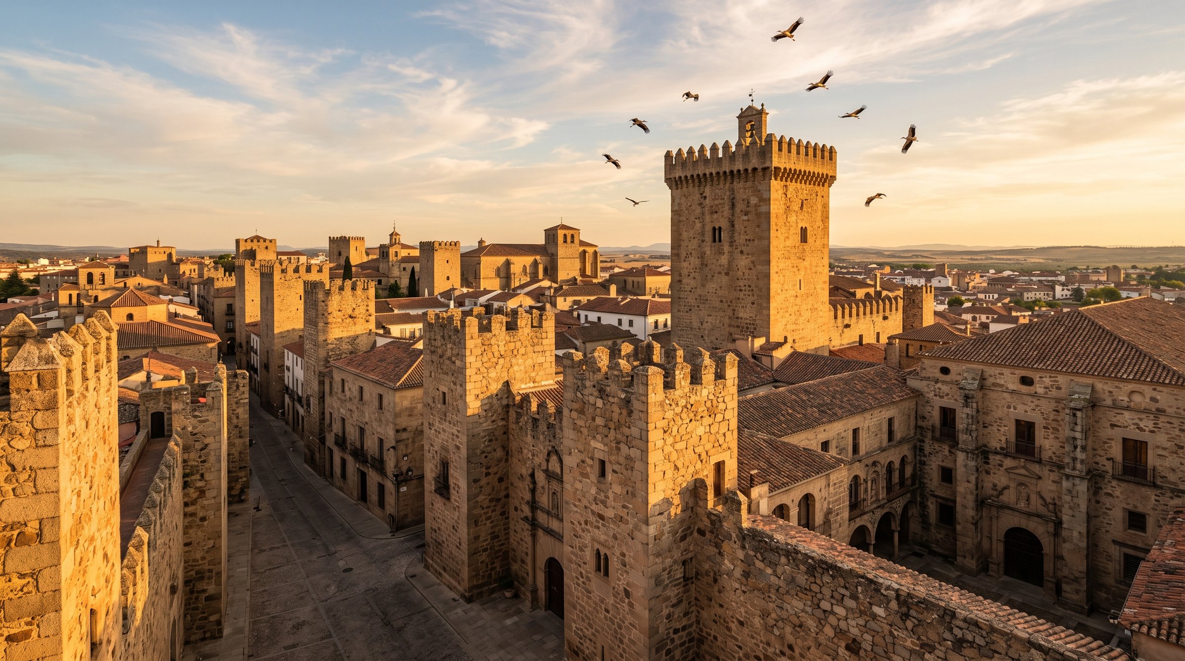 Palais gothiques et Renaissance de la Ciudad Monumental de Cáceres aux tours écimées à la même hauteur, une seule tour crénelée intacte se détachant, pierre de granit dorée, fin d