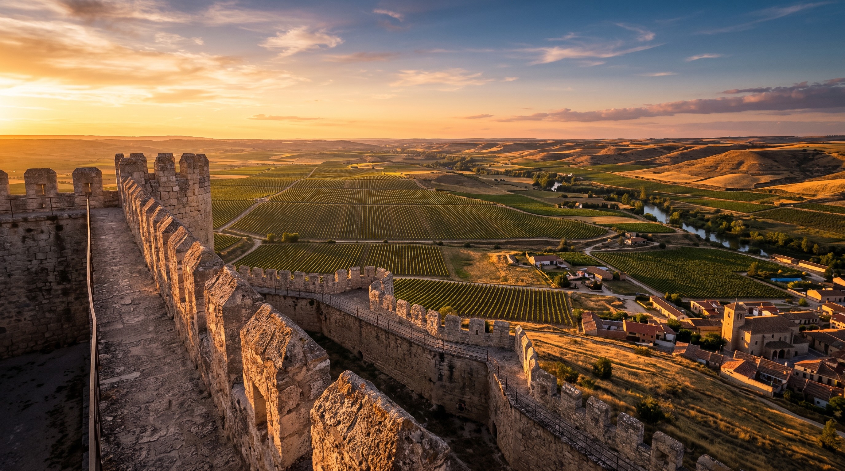 Vue depuis les remparts du château de Peñafiel sur la plaine viticole de la Ribera del Duero au coucher du soleil, longues rangées de vignes, lumière dorée rasante de Castille