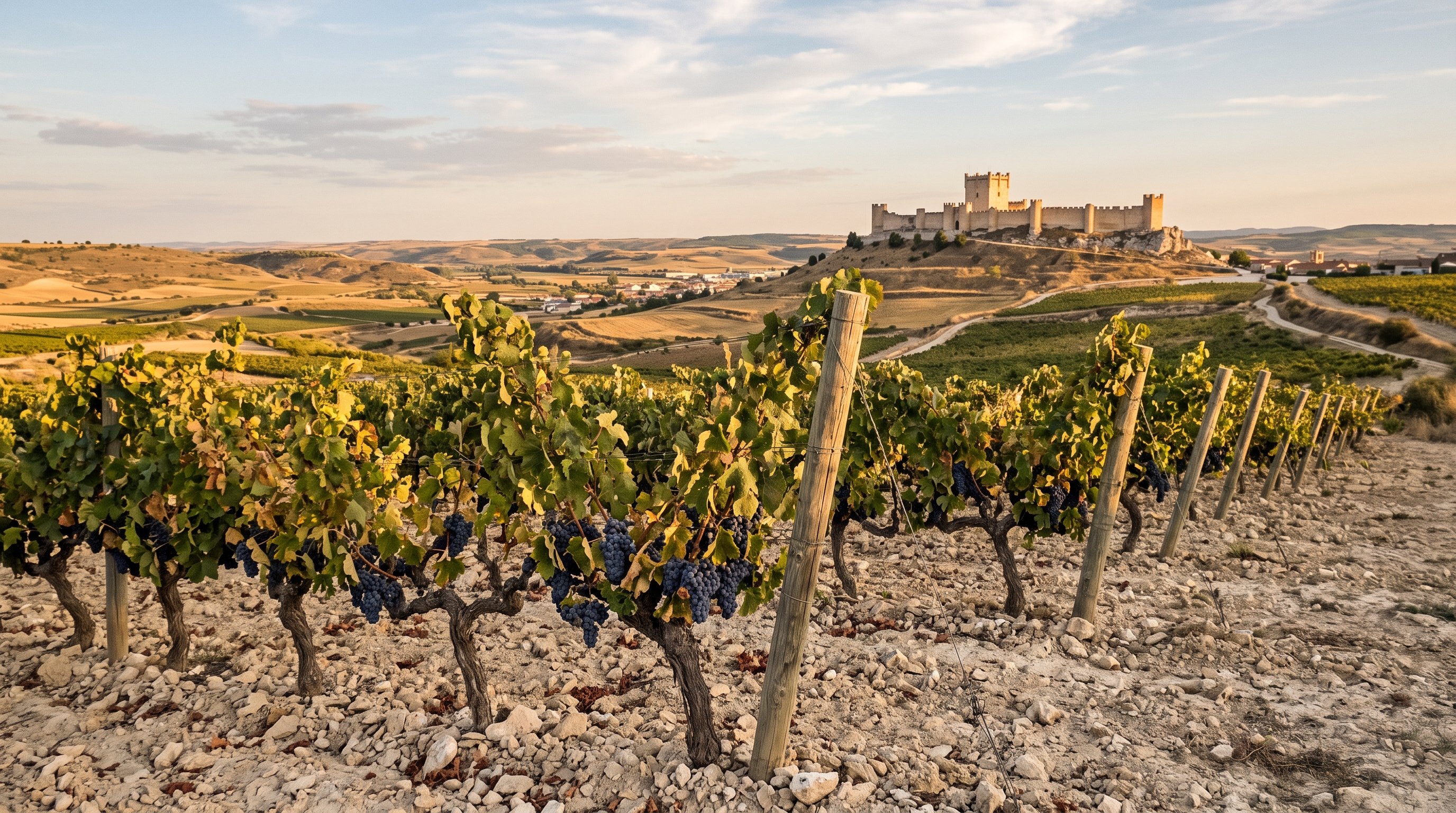 Vignes de tempranillo de la Ribera del Duero près de Peñafiel en fin d'été, ceps noueux chargés de grappes sombres, sol calcaire clair, château de Peñafiel au loin sur sa colline