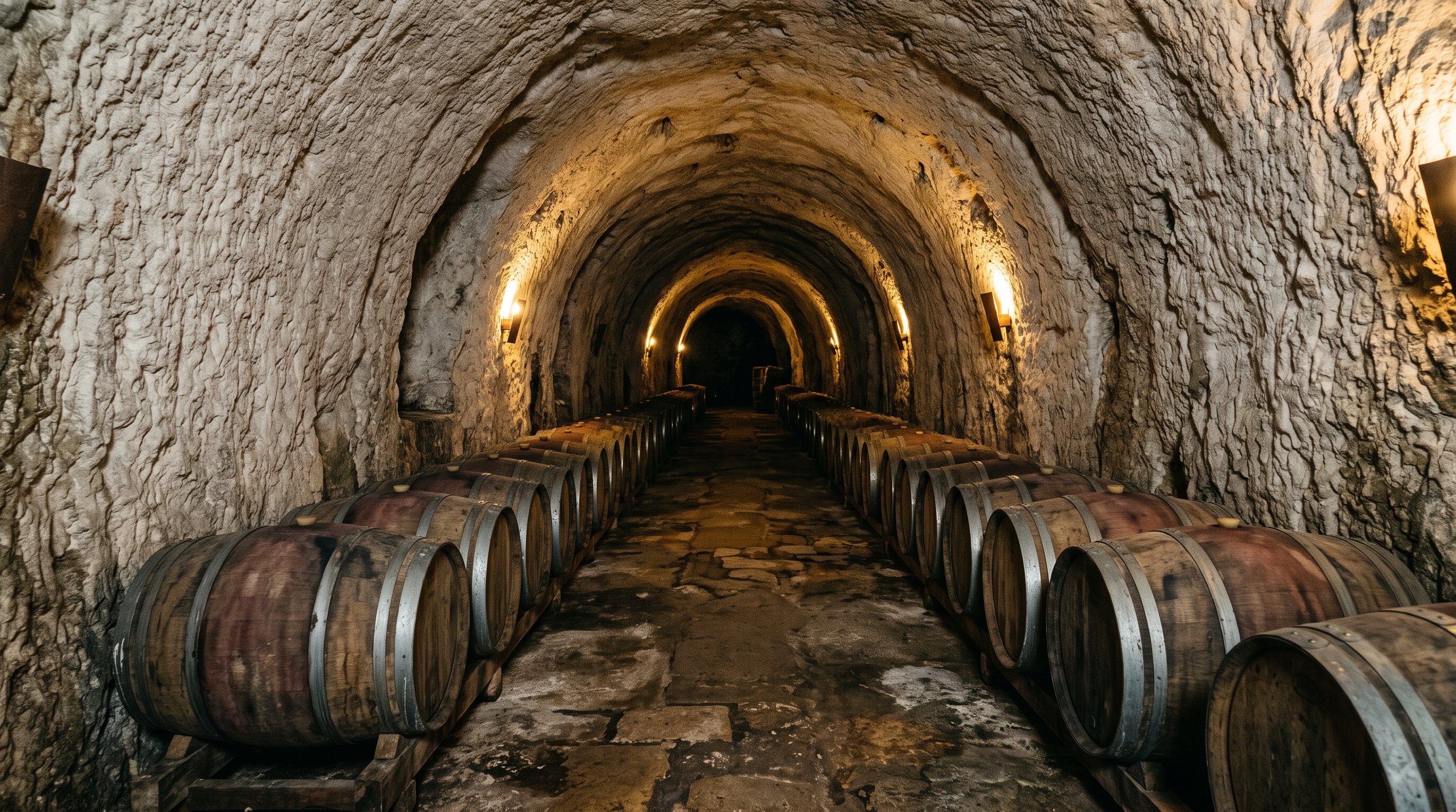 Intérieur d'une bodega souterraine creusée dans le calcaire à Peñafiel, longue galerie voûtée en pierre, tonneaux de chêne alignés, éclairage tamisé chaud, ambiance fraîche et humide