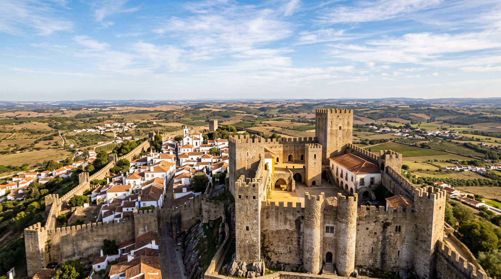 Le château médiéval d'Óbidos au sommet du village, tours carrées en granit et calcaire, cour intérieure baignée d'une lumière dorée de fin de matinée, murailles crénelées dominant la plaine de l'Estremadura