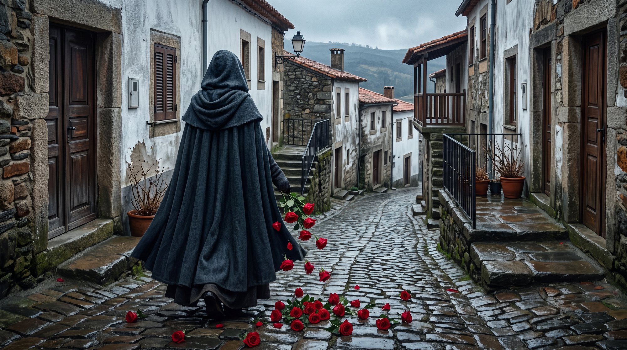 Une femme en habit médiéval sombre laissant tomber des roses rouges depuis les plis de son manteau dans une ruelle pavée d'un village portugais en hiver, lumière froide et douce, ambiance de conte historique sans visage identifiable
