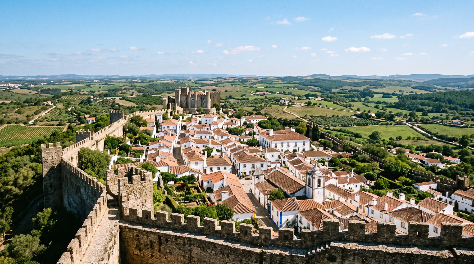 Vue panoramique depuis les remparts d'Óbidos sur la plaine verdoyante de l'Estremadura, mosaïque de toits de tuiles rouges du village fortifié en contrebas, ciel clair de septembre, photographie de voyage éditoriale