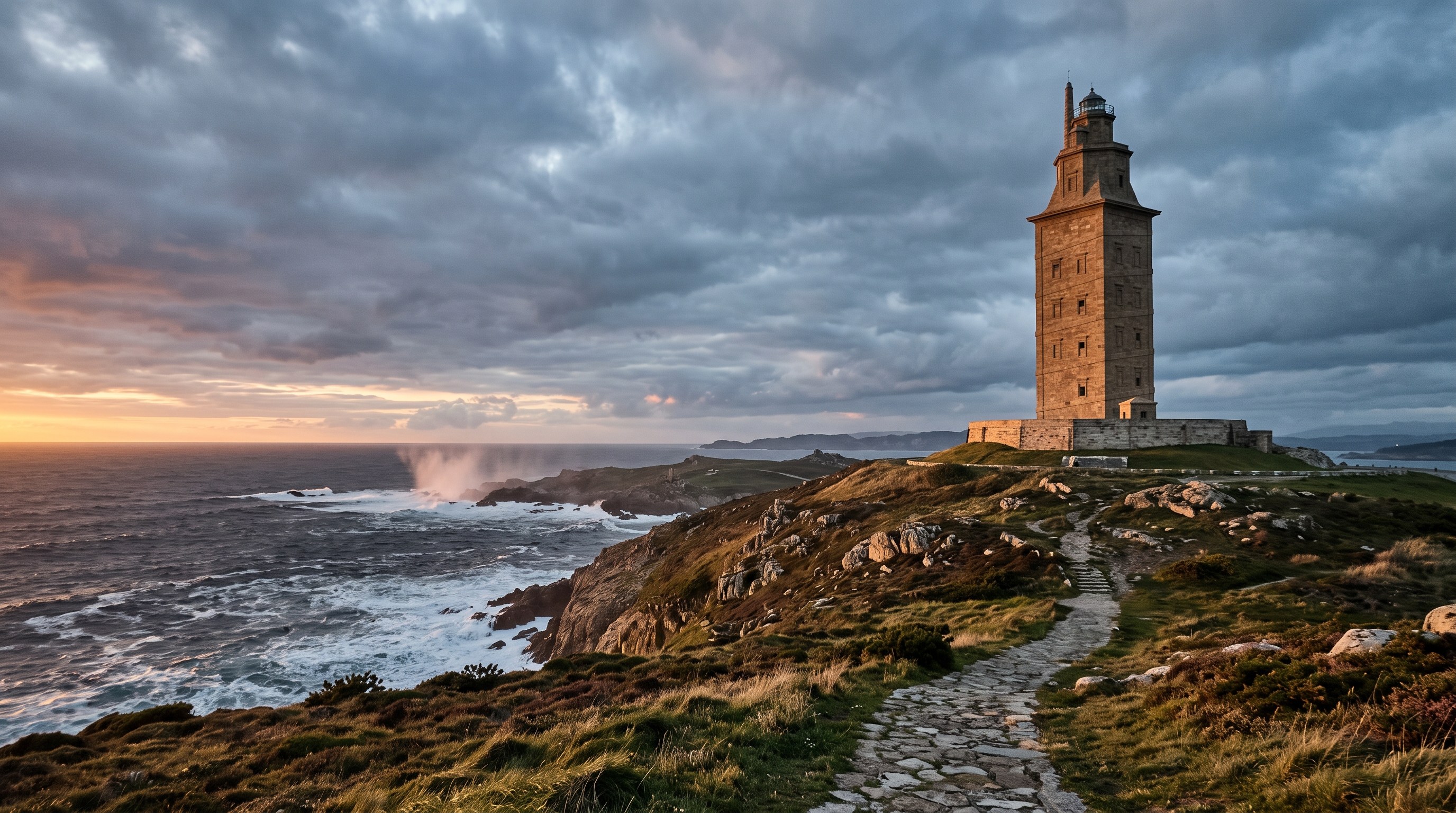 La Tour d'Hercule au crépuscule, maçonnerie romaine trapue battue par le vent atlantique, lumière dorée rasante sur le granit, ciel gris de Galice