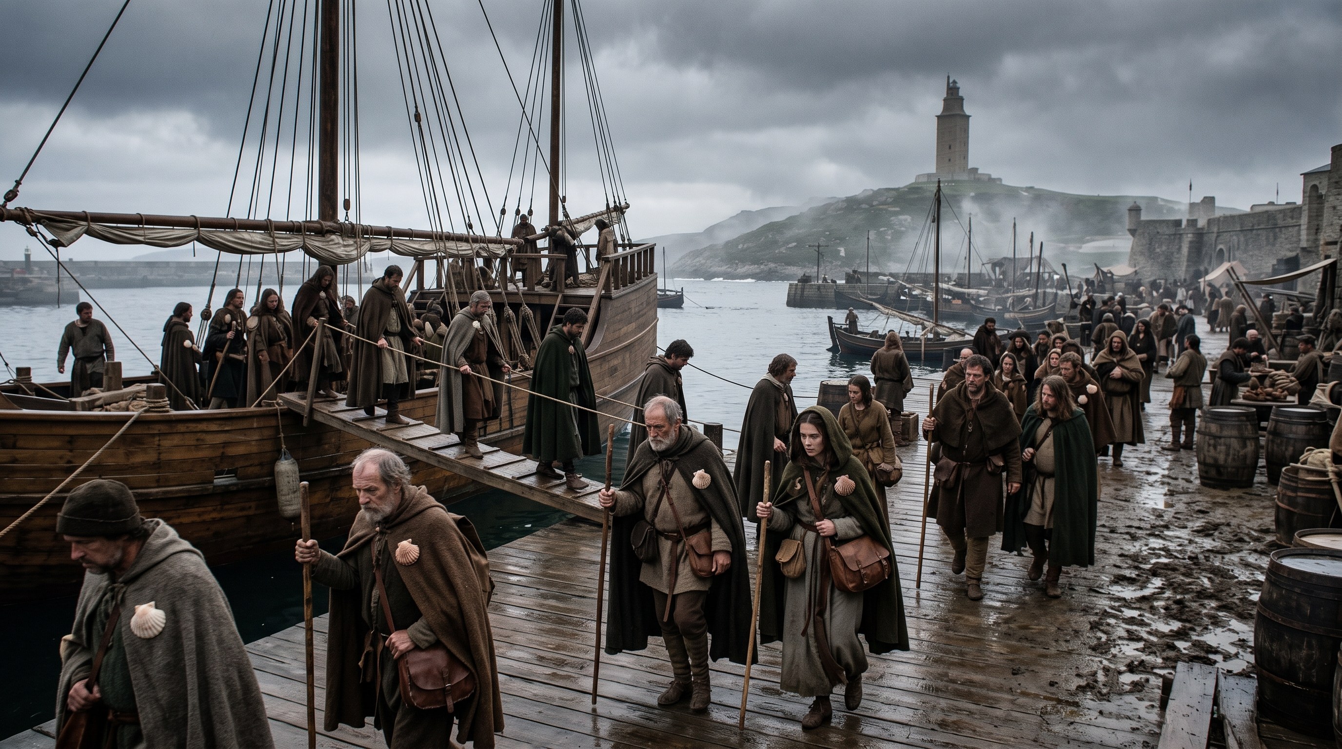 Pèlerins médiévaux débarquant d'un voilier dans le port de La Corogne, coquilles saint-jacques cousues sur les manteaux, bâton de marche, la Tour d'Hercule au loin