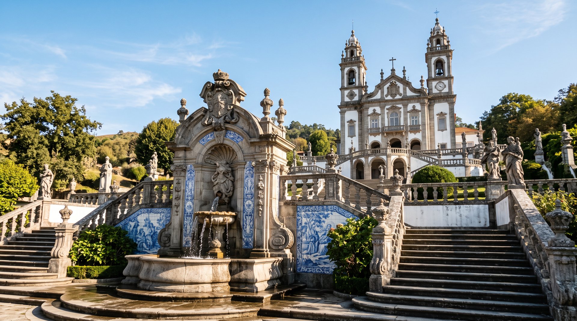 Façade baroque blanche et granit gris du sanctuaire de Nossa Senhora dos Remédios de Lamego avec ses deux tours, fontaine rococo dessinée par Nasoni au premier plan, azulejos bleus, ciel clair de septembre