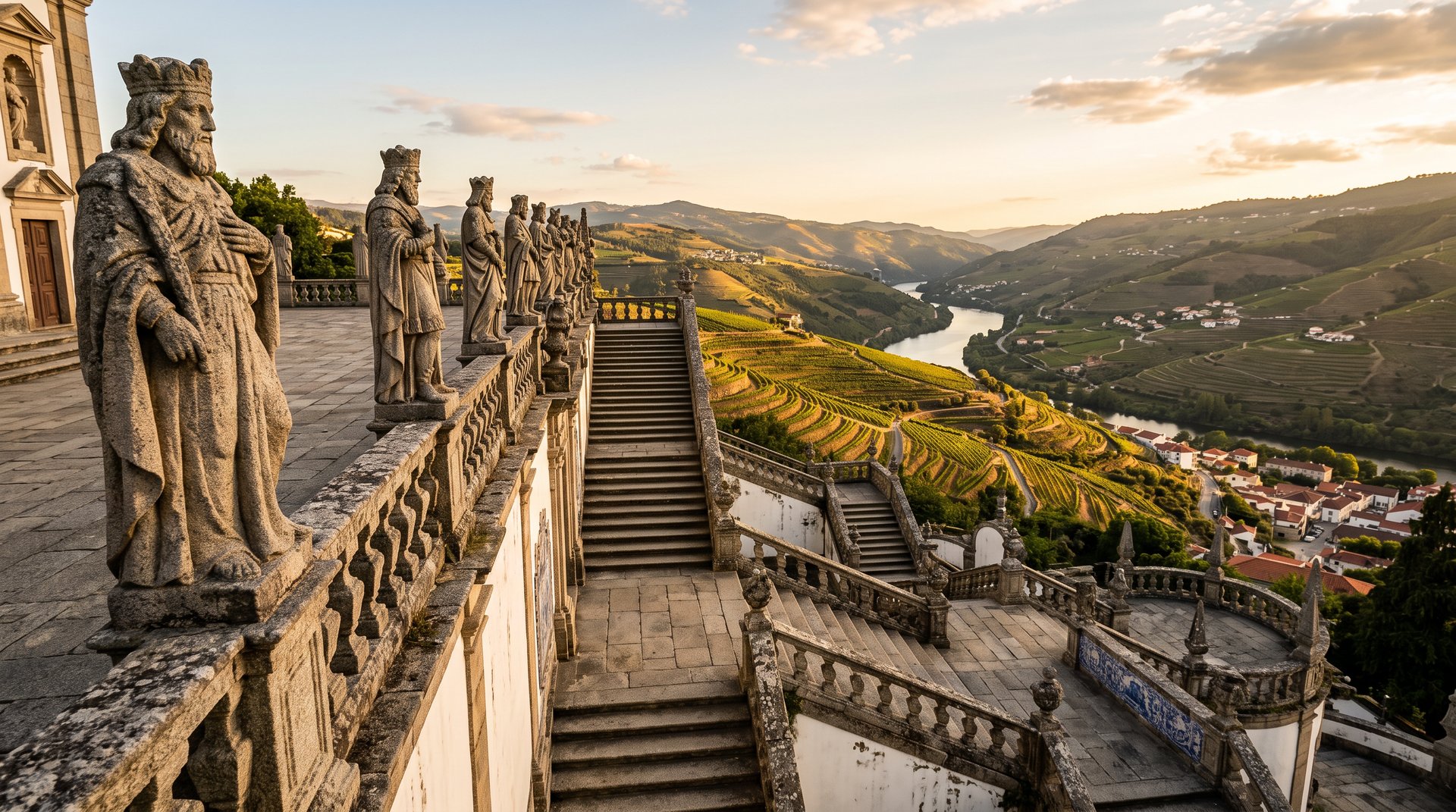 Le Pátio dos Reis du sanctuaire de Lamego, statues en granit des rois d'Israël alignées le long de la balustrade baroque, escalier en zigzag plongeant vers la vallée du Douro et ses vignes en terrasses, lumière dorée