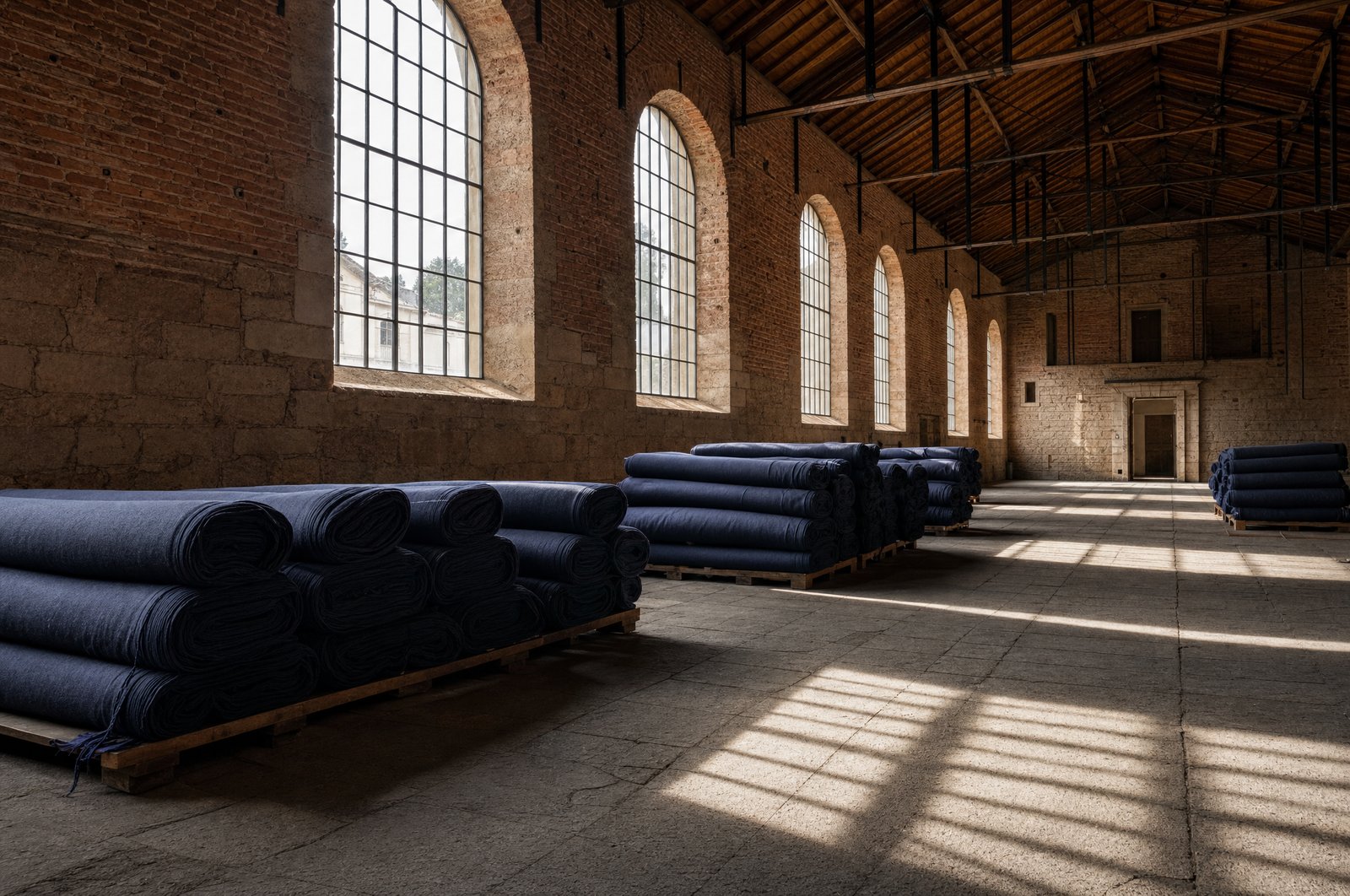 Grande halle en brique de la Real Fábrica de Panos de Covilhã avec ses hautes verrières, pièces de drap de laine bleu foncé pliées, lumière rasante par les fenêtres industrielles du XVIIIe siècle, sans personnage