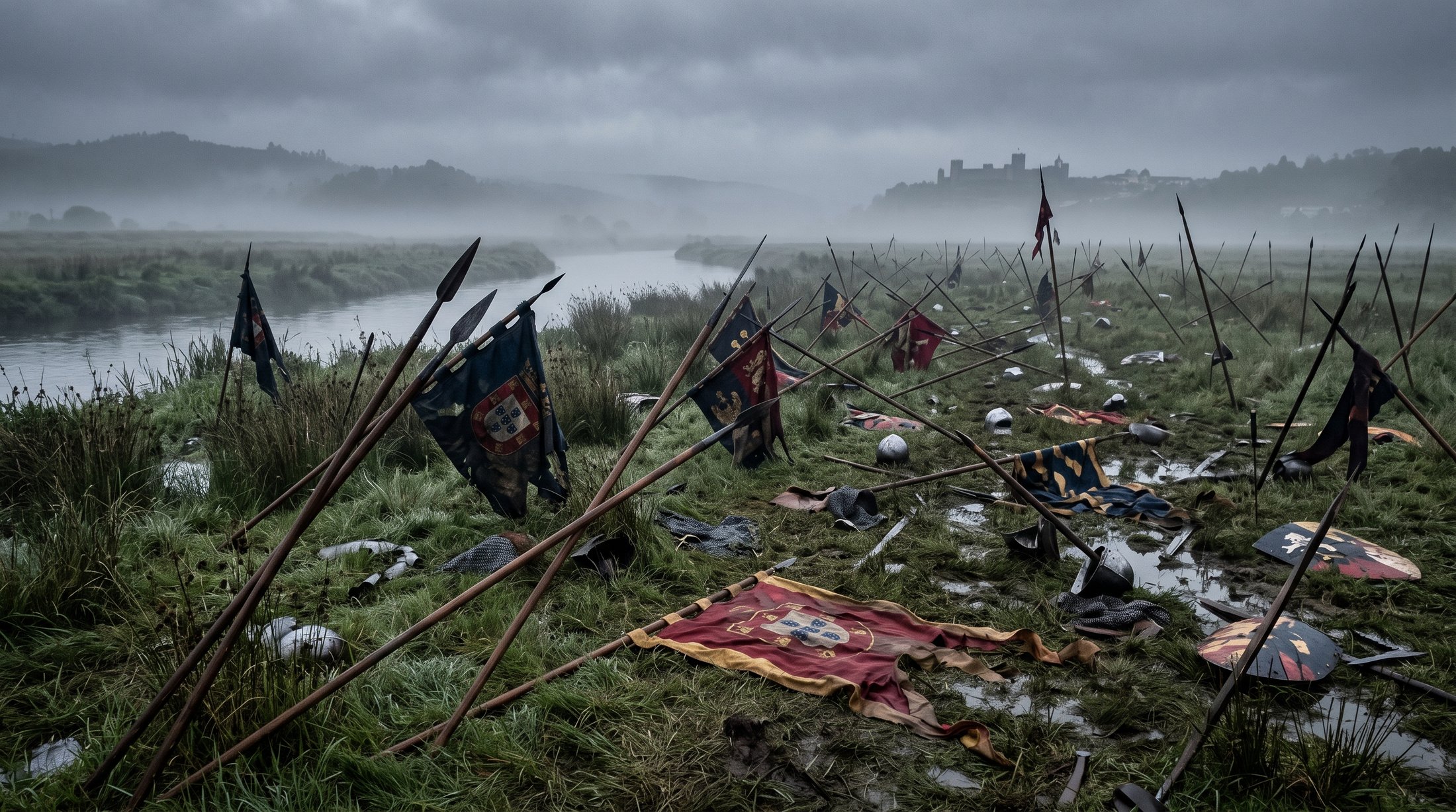 Rivière et prairie d'Alfarrobeira au petit matin, lances et bannières médiévales abandonnées dans l'herbe humide, lumière grise et brumeuse, ambiance de champ de bataille au lendemain du combat
