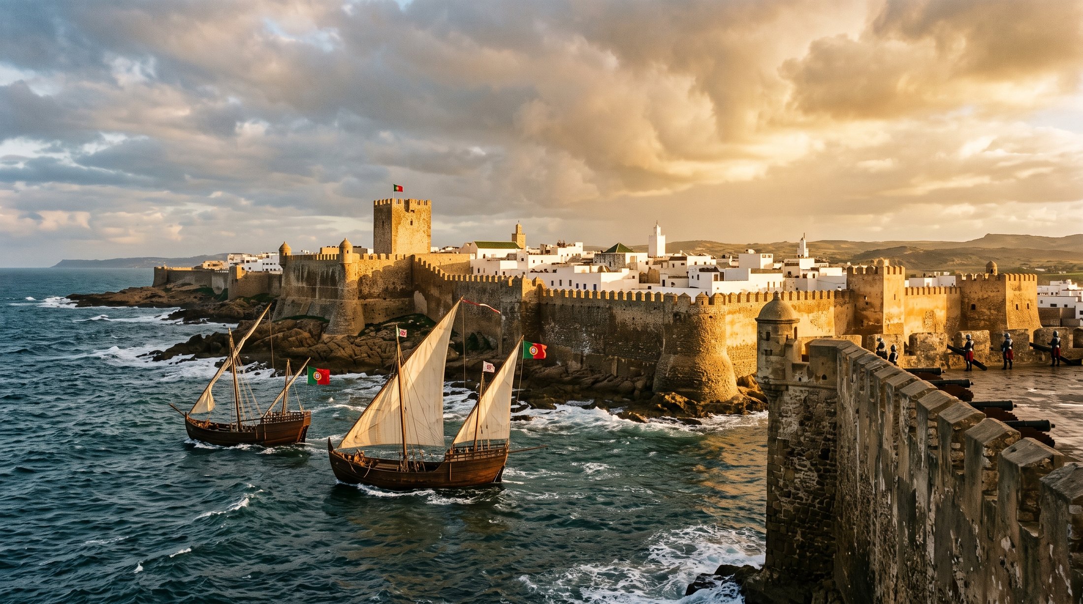 Remparts de la forteresse d'Arzila au Maroc au quinzième siècle vus depuis la mer, navires portugais à voiles dans une lumière dorée d'après-tempête, ambiance épique et réaliste